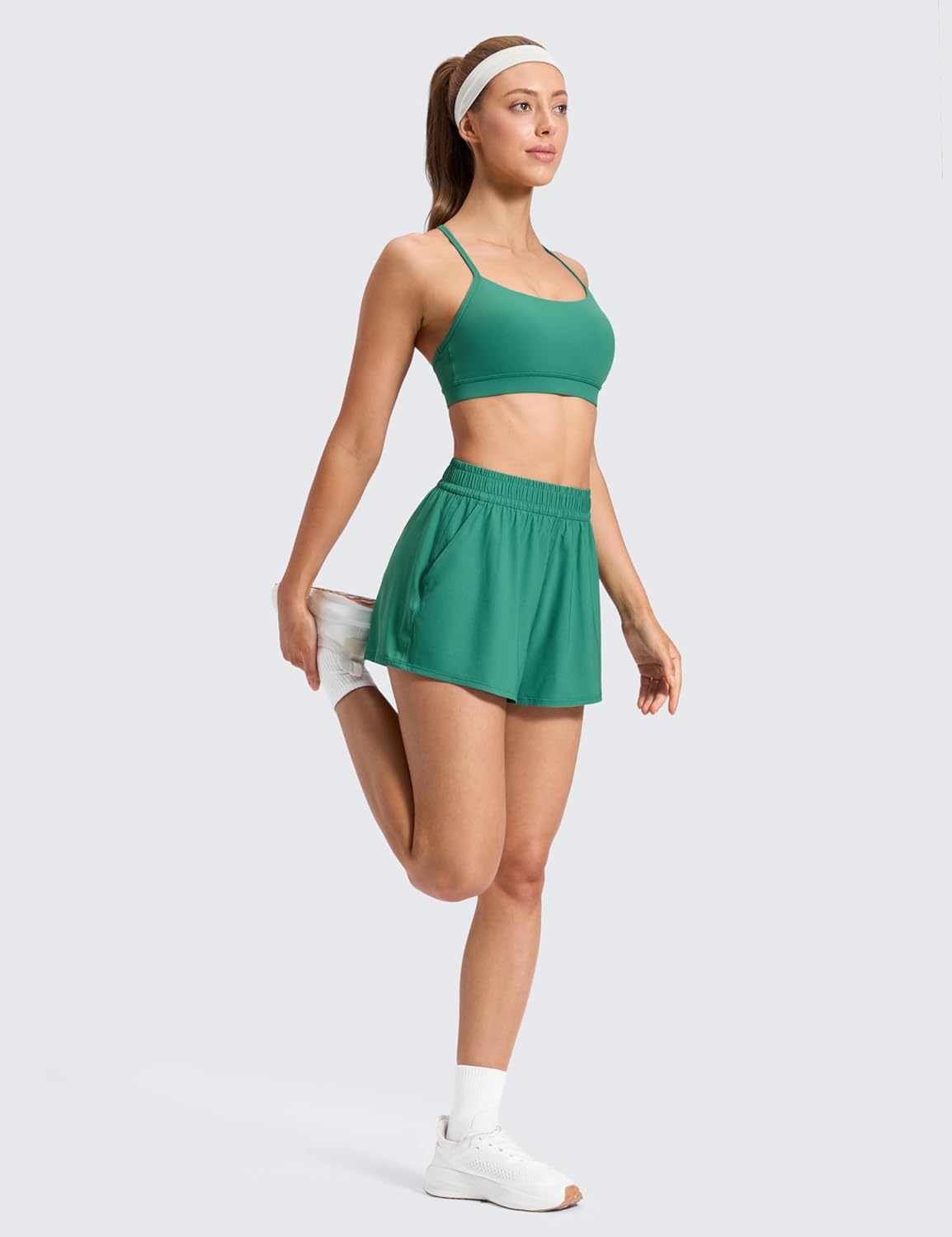 image:imageCRZ YOGA Drapey Flowy Athletic Shorts for Women 25 Relaxed Fit High Waisted Tennis Workout RunningCascadia Green