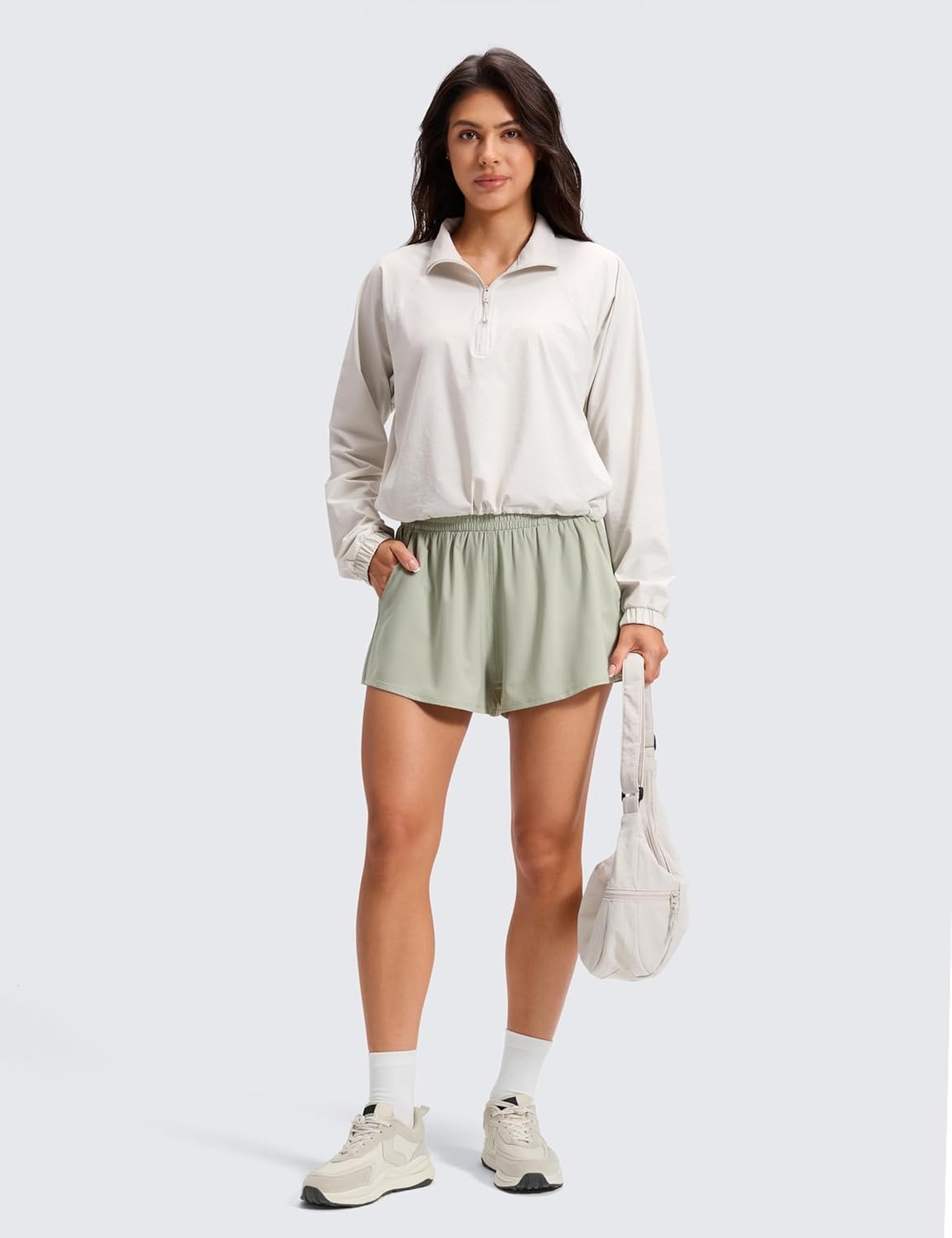 image:imageCRZ YOGA Drapey Flowy Athletic Shorts for Women 25 Relaxed Fit High Waisted Tennis Workout RunningFog Green