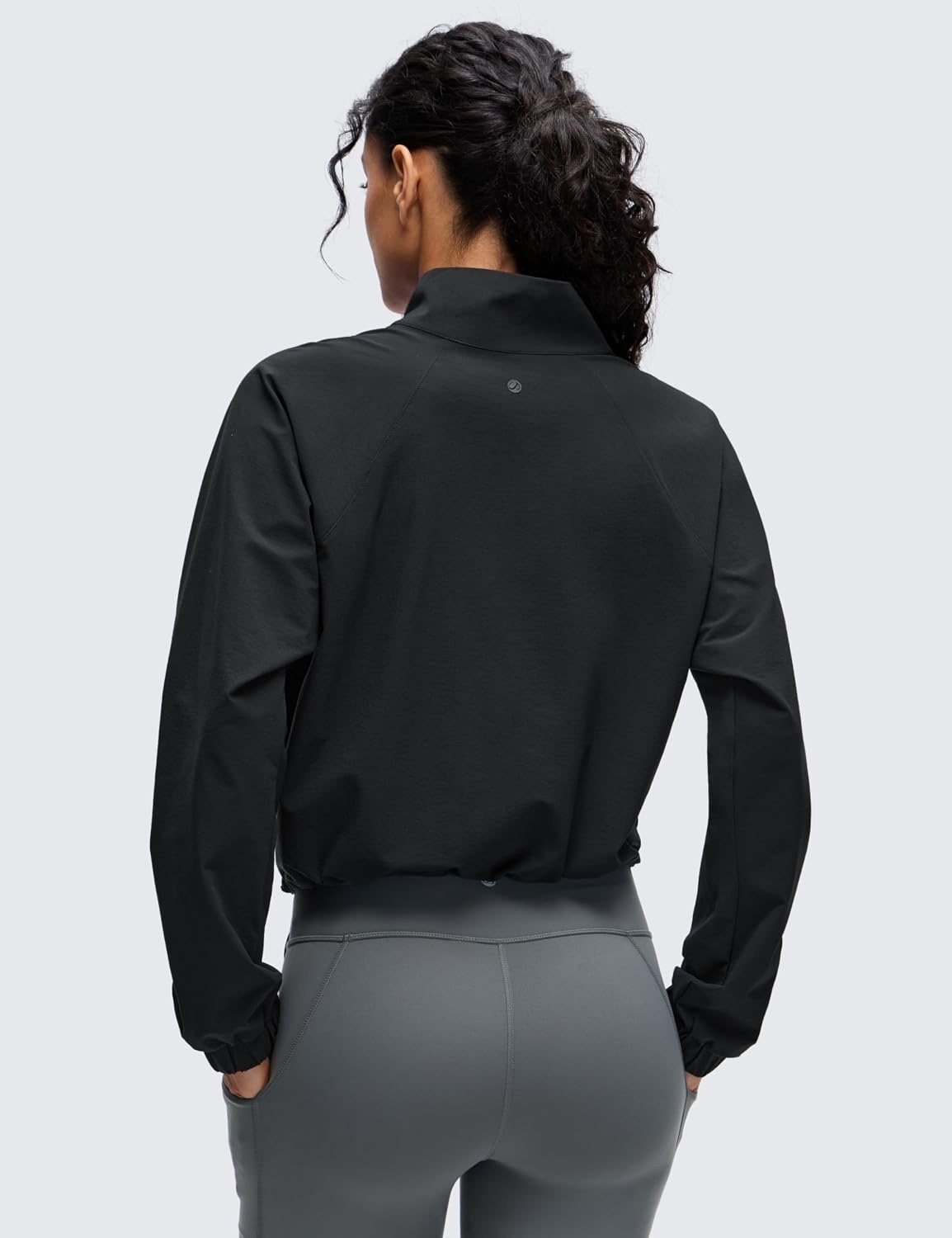 image:imageCRZ YOGA Drawstring Bottom Workout Jackets for Women Half Zip Pullover Cropped Workout Outdoor Tops with PocketsBlack