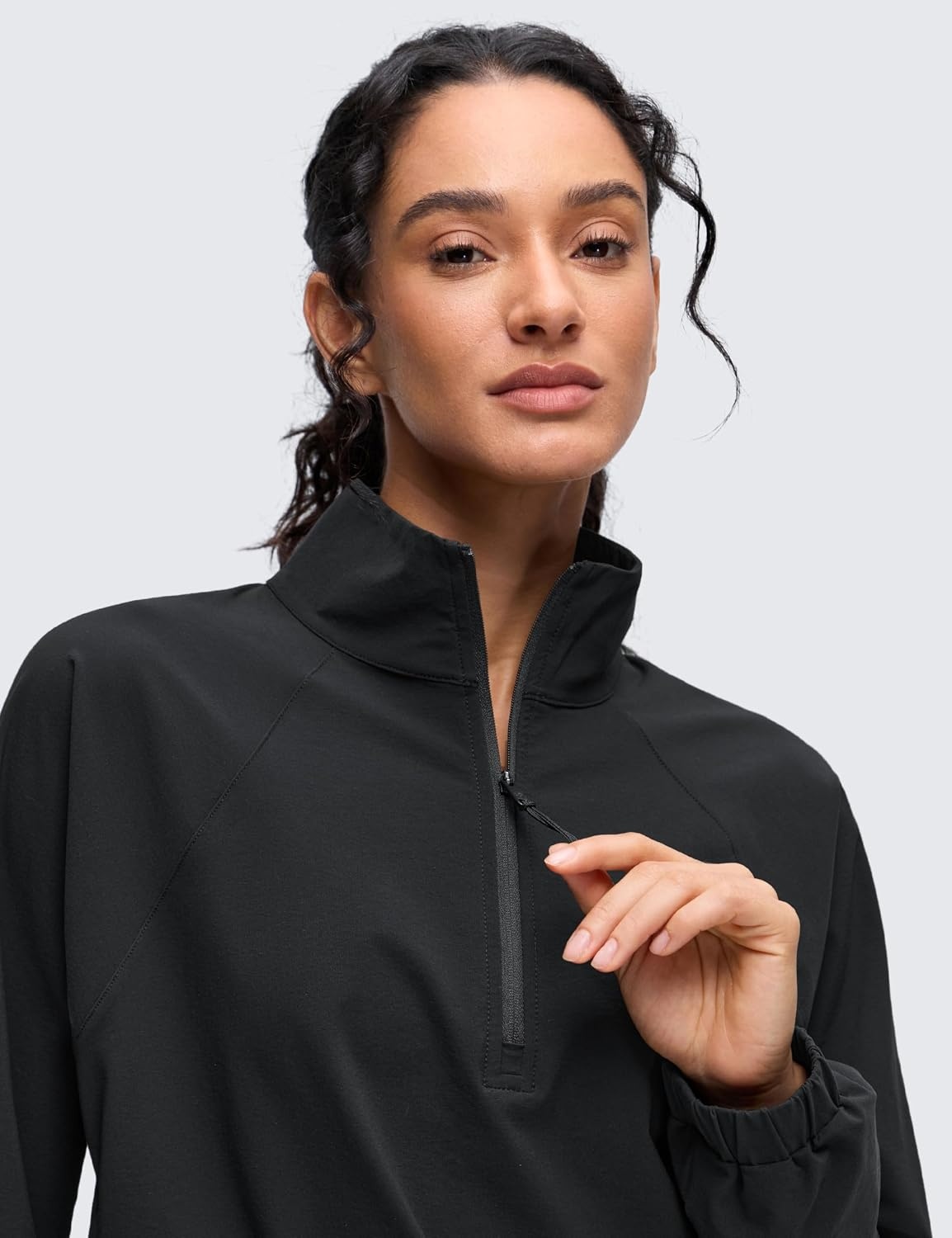image:imageCRZ YOGA Drawstring Bottom Workout Jackets for Women Half Zip Pullover Cropped Workout Outdoor Tops with PocketsBlack