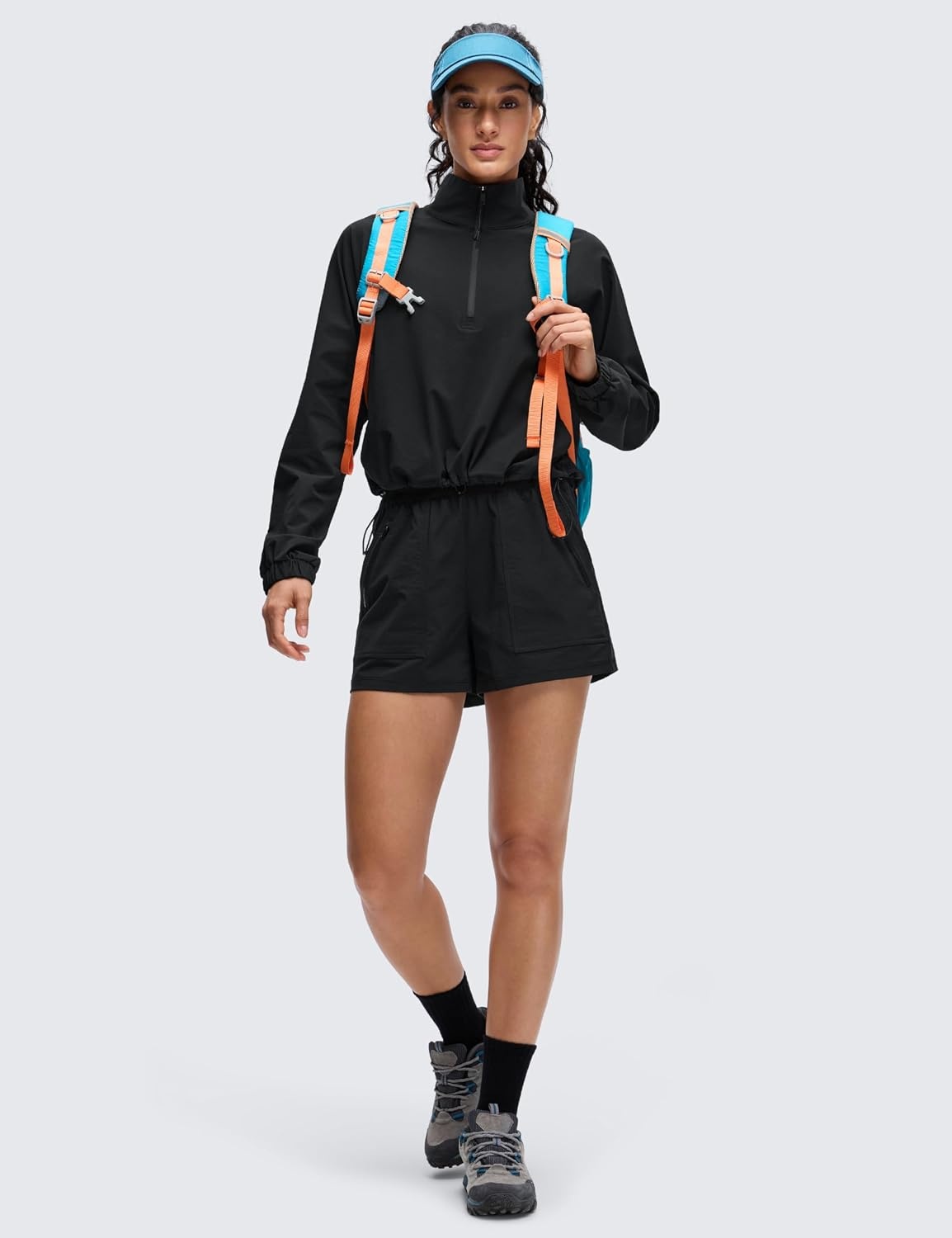 image:imageCRZ YOGA Drawstring Bottom Workout Jackets for Women Half Zip Pullover Cropped Workout Outdoor Tops with PocketsBlack