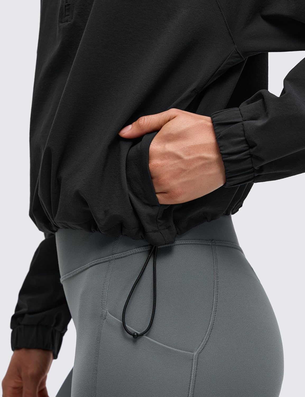 image:imageCRZ YOGA Drawstring Bottom Workout Jackets for Women Half Zip Pullover Cropped Workout Outdoor Tops with PocketsBlack
