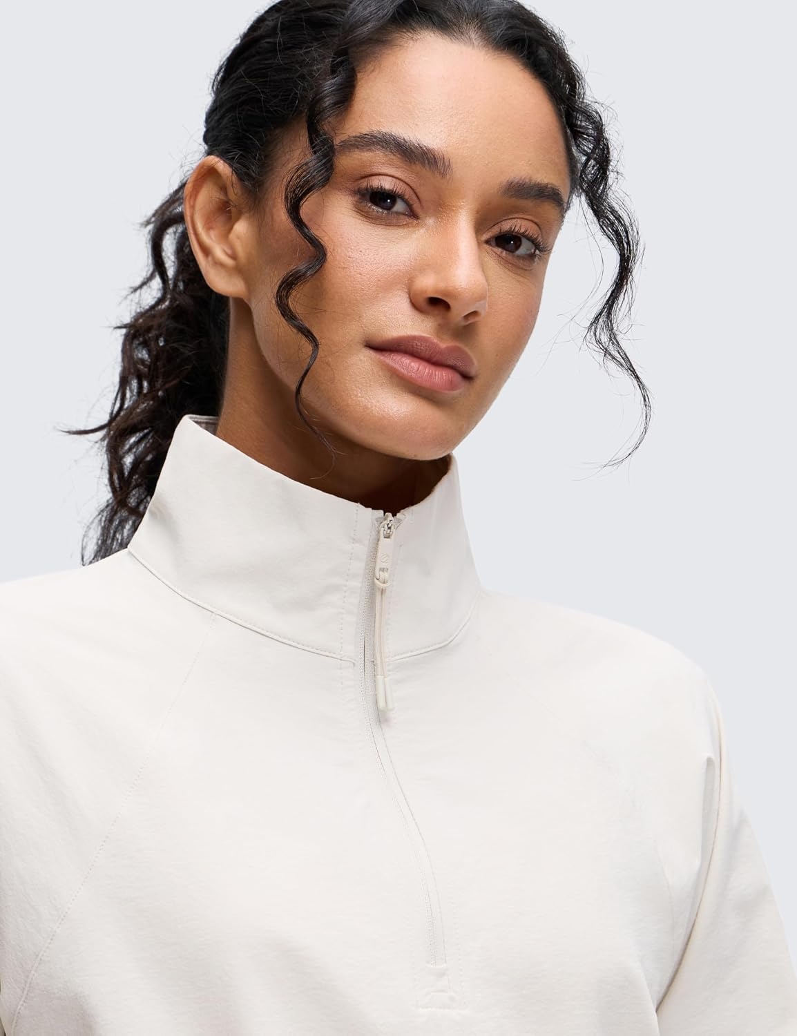 image:imageCRZ YOGA Drawstring Bottom Workout Jackets for Women Half Zip Pullover Cropped Workout Outdoor Tops with PocketsMilky White Bone