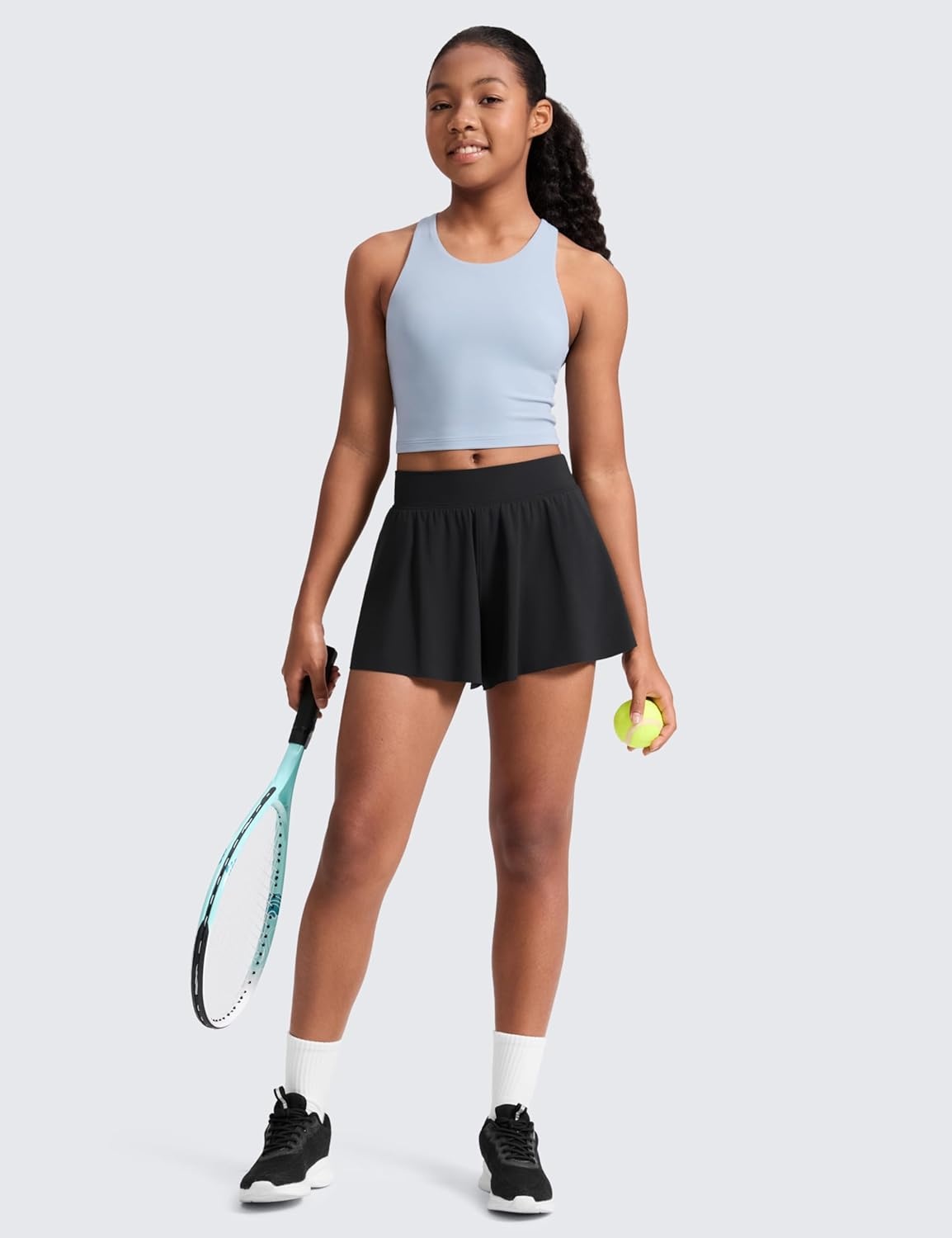 image:imageCRZ YOGA Girls 2 in 1 Athletic Flowy Shorts Dance Tennis Soccer Casual Butterfly Skirts Liner Pockets Kids TeenBlack