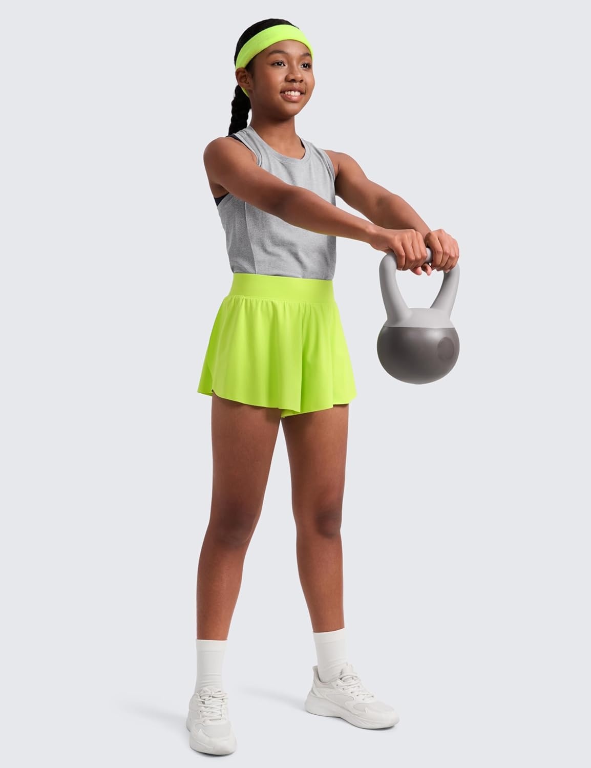 image:imageCRZ YOGA Girls 2 in 1 Athletic Flowy Shorts Dance Tennis Soccer Casual Butterfly Skirts Liner Pockets Kids TeenChartreuse