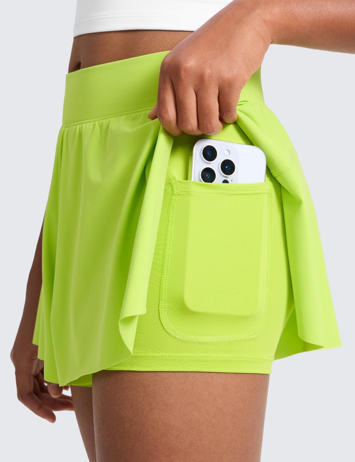 image:imageCRZ YOGA Girls 2 in 1 Athletic Flowy Shorts Dance Tennis Soccer Casual Butterfly Skirts Liner Pockets Kids TeenChartreuse