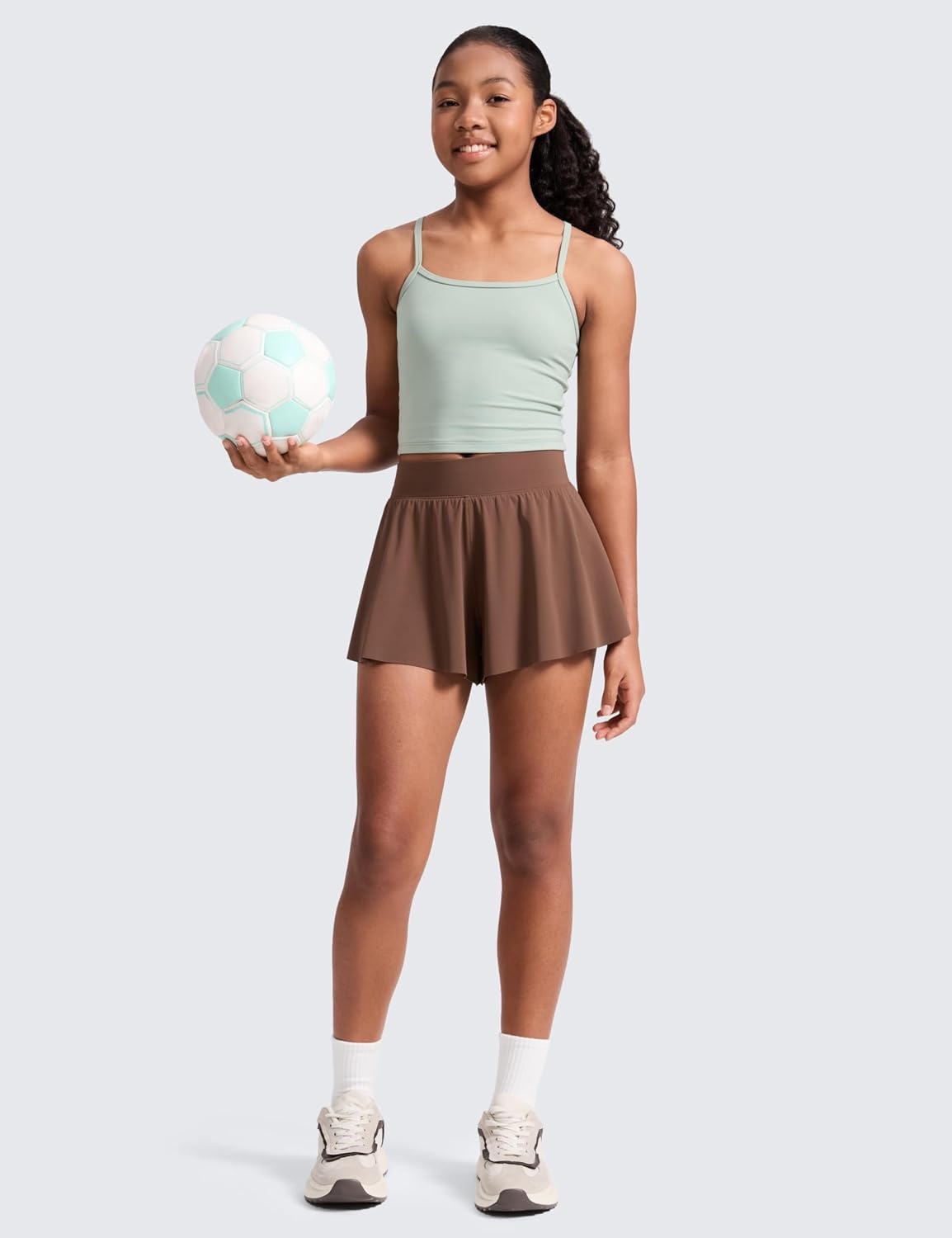 image:imageCRZ YOGA Girls 2 in 1 Athletic Flowy Shorts Dance Tennis Soccer Casual Butterfly Skirts Liner Pockets Kids TeenCoffee Brown