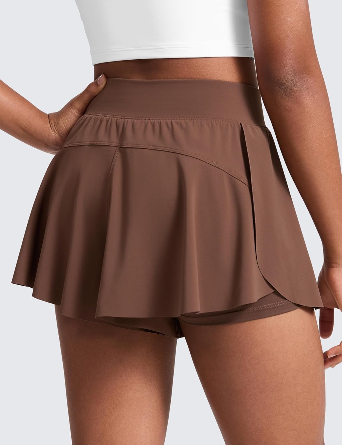 image:imageCRZ YOGA Girls 2 in 1 Athletic Flowy Shorts Dance Tennis Soccer Casual Butterfly Skirts Liner Pockets Kids TeenCoffee Brown