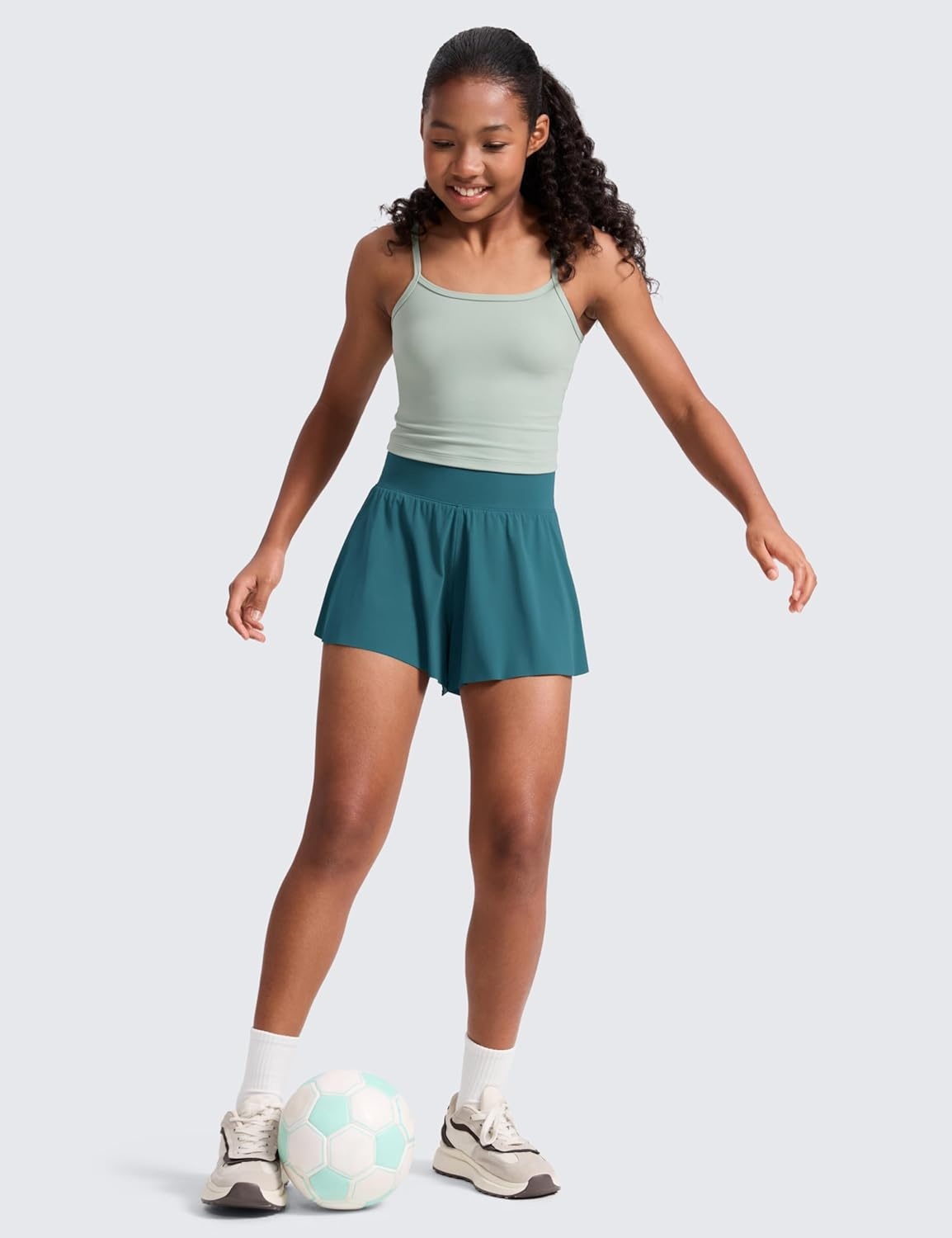 image:imageCRZ YOGA Girls 2 in 1 Athletic Flowy Shorts Dance Tennis Soccer Casual Butterfly Skirts Liner Pockets Kids TeenGreen Jade
