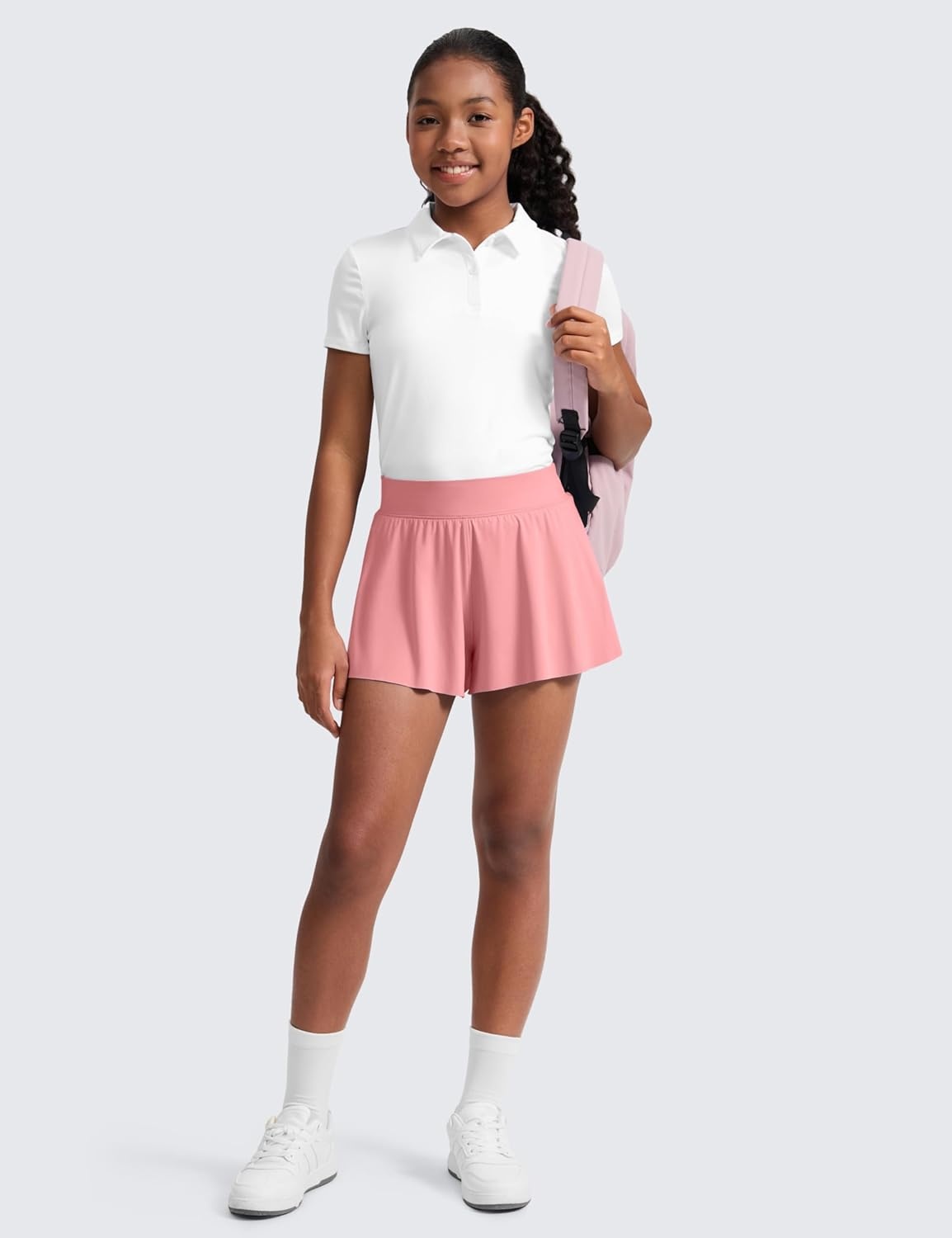 image:imageCRZ YOGA Girls 2 in 1 Athletic Flowy Shorts Dance Tennis Soccer Casual Butterfly Skirts Liner Pockets Kids TeenLotus Pink
