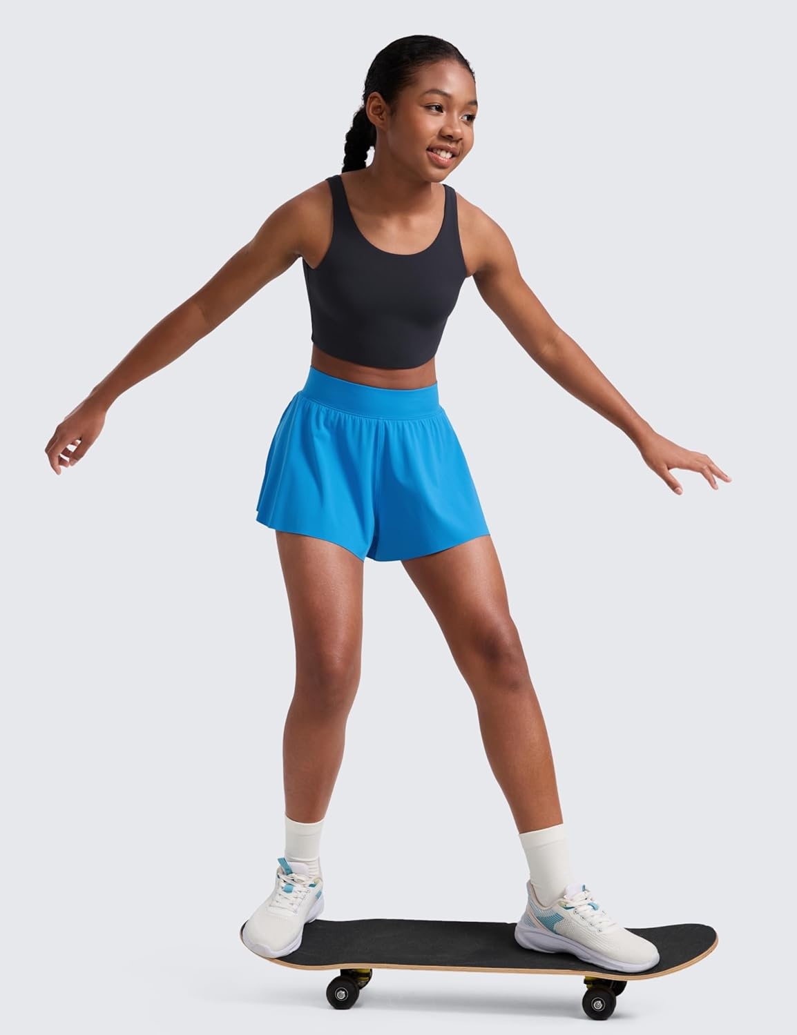 image:imageCRZ YOGA Girls 2 in 1 Athletic Flowy Shorts Dance Tennis Soccer Casual Butterfly Skirts Liner Pockets Kids TeenMadagascar Blue