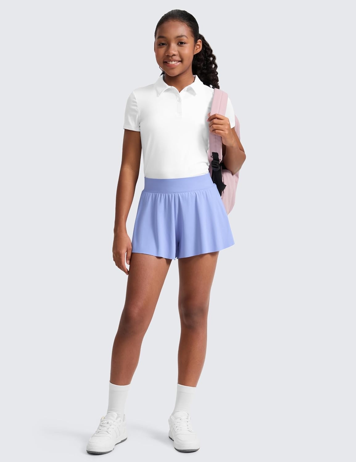 image:imageCRZ YOGA Girls 2 in 1 Athletic Flowy Shorts Dance Tennis Soccer Casual Butterfly Skirts Liner Pockets Kids TeenPeriwinkle Purple