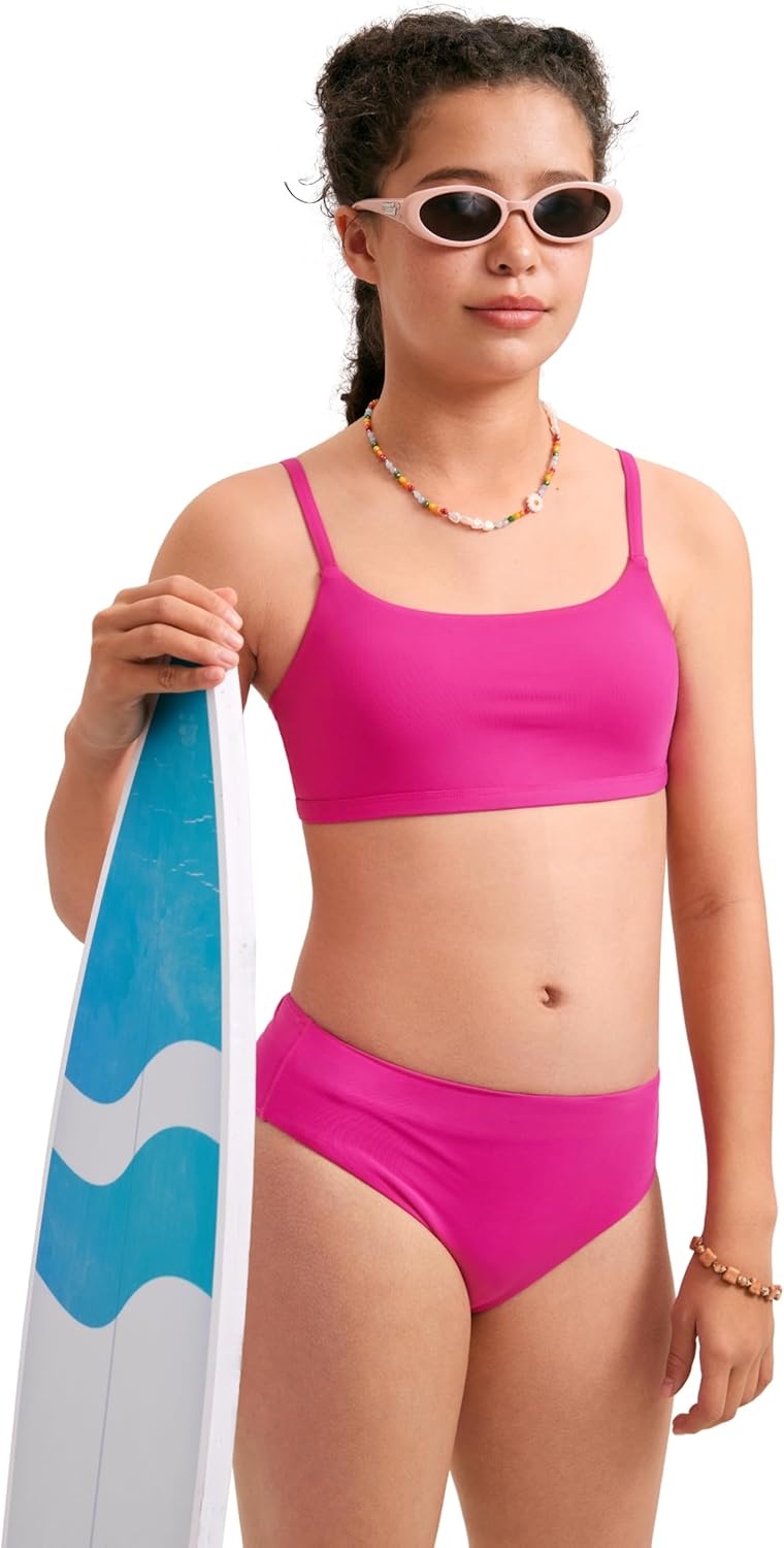 image:imageCRZ YOGA Girls Bikini Set 2 Piece Swimsuit Beach Sports Bathing Suit Scoop Neck Adjustable Straps Padded Kids TeenHibiscus Purple
