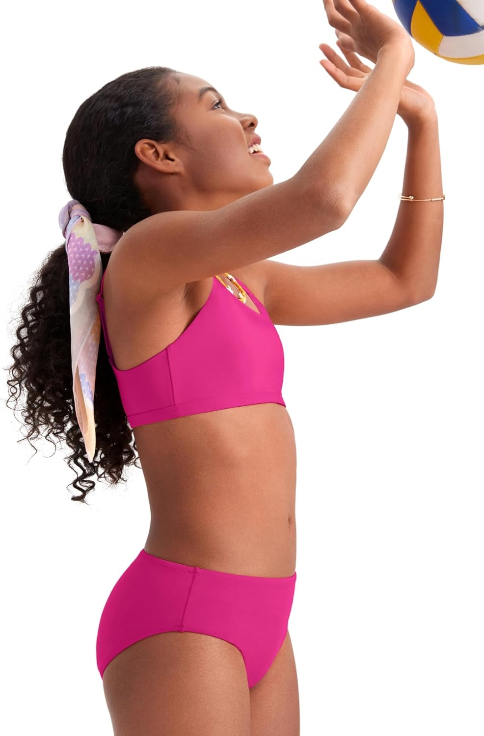 image:imageCRZ YOGA Girls Bikini Set 2 Piece Swimsuit Beach Sports Bathing Suit Scoop Neck Adjustable Straps Padded Kids TeenHibiscus Purple