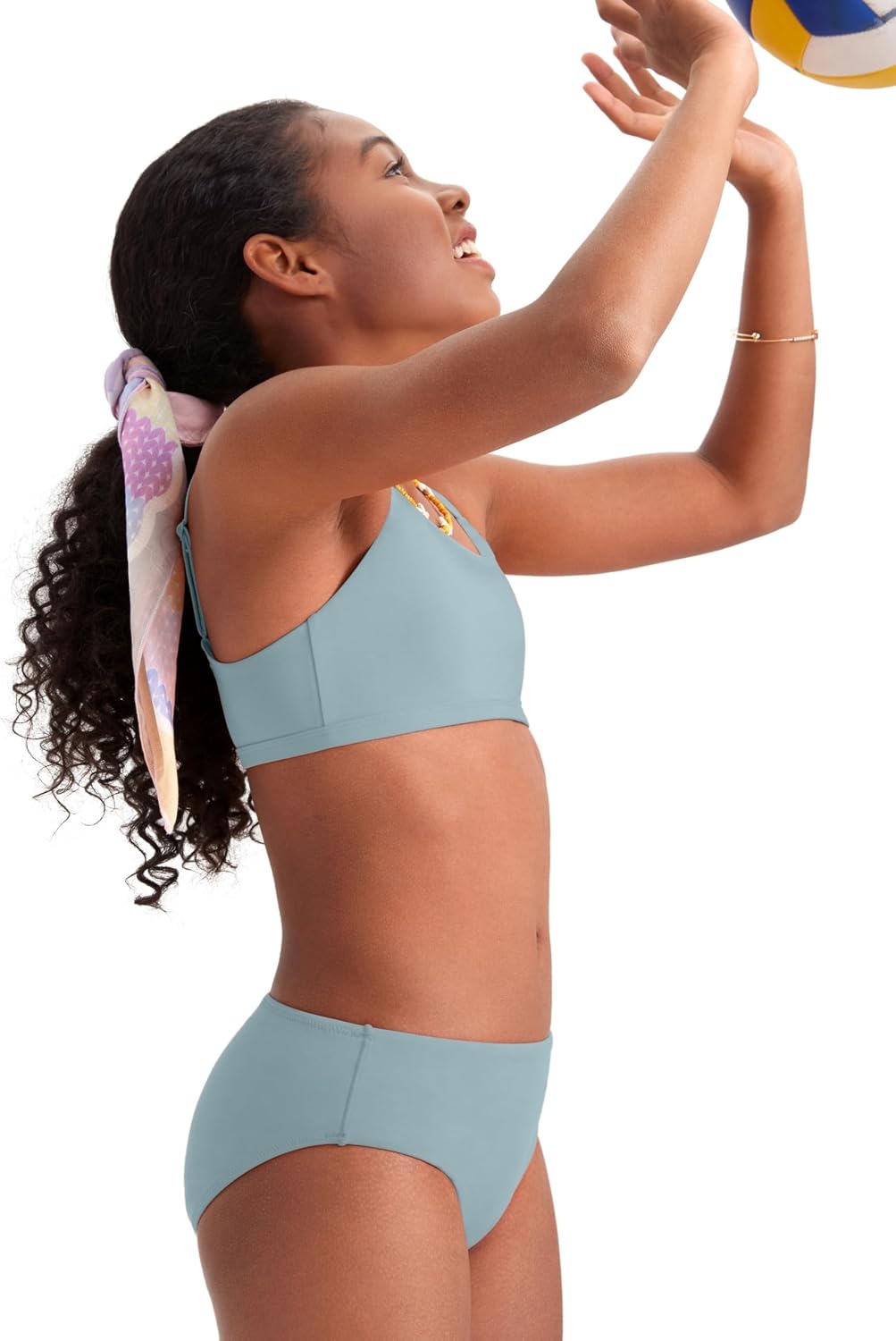 image:imageCRZ YOGA Girls Bikini Set 2 Piece Swimsuit Beach Sports Bathing Suit Scoop Neck Adjustable Straps Padded Kids TeenLight Grayish Blue