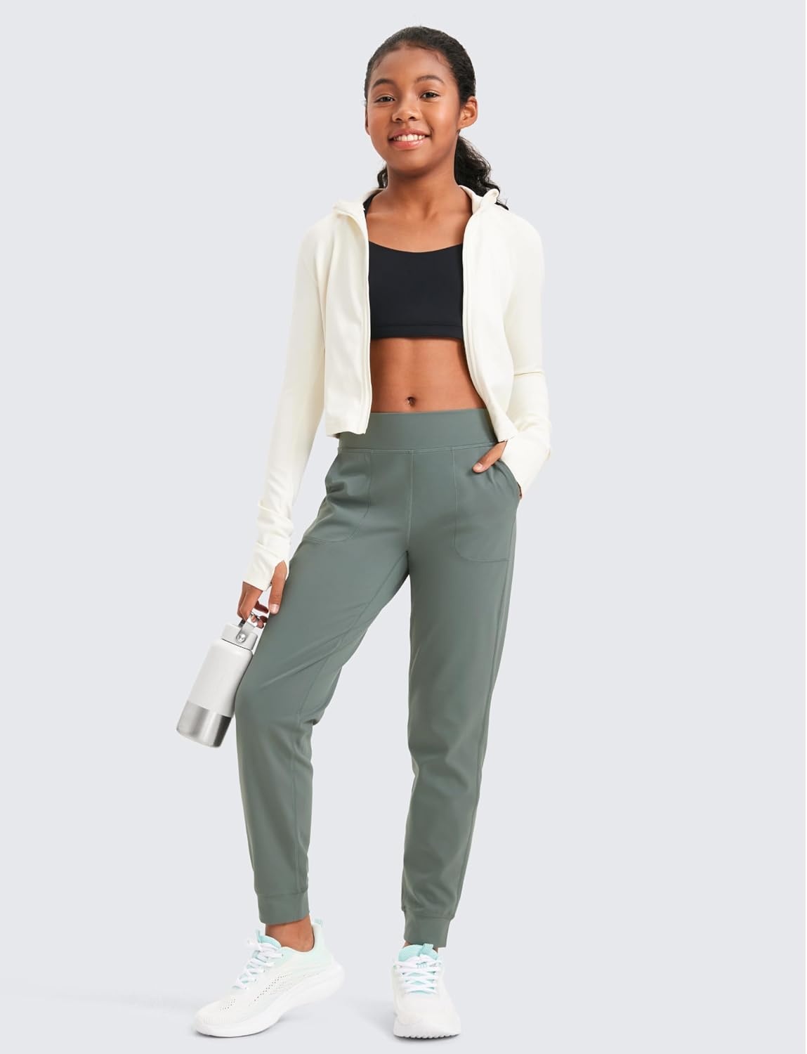 image:imageCRZ YOGA Girls Butterlift Athletic Joggers Active Running Casual Lounge High Waist Pants with Pockets Kid TeenGrey Sage