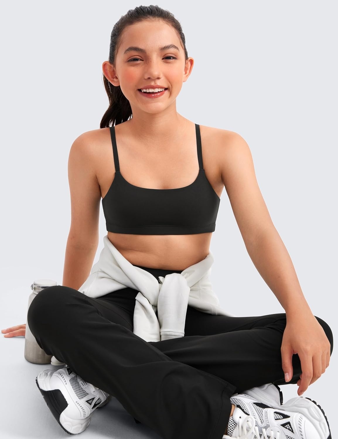 image:imageCRZ YOGA Girls Butterluxe Adjustable Spaghetti Strap Sports Bra Yoga Athletic Casual Scoop Neck Crop Padded Kids TeenBlack