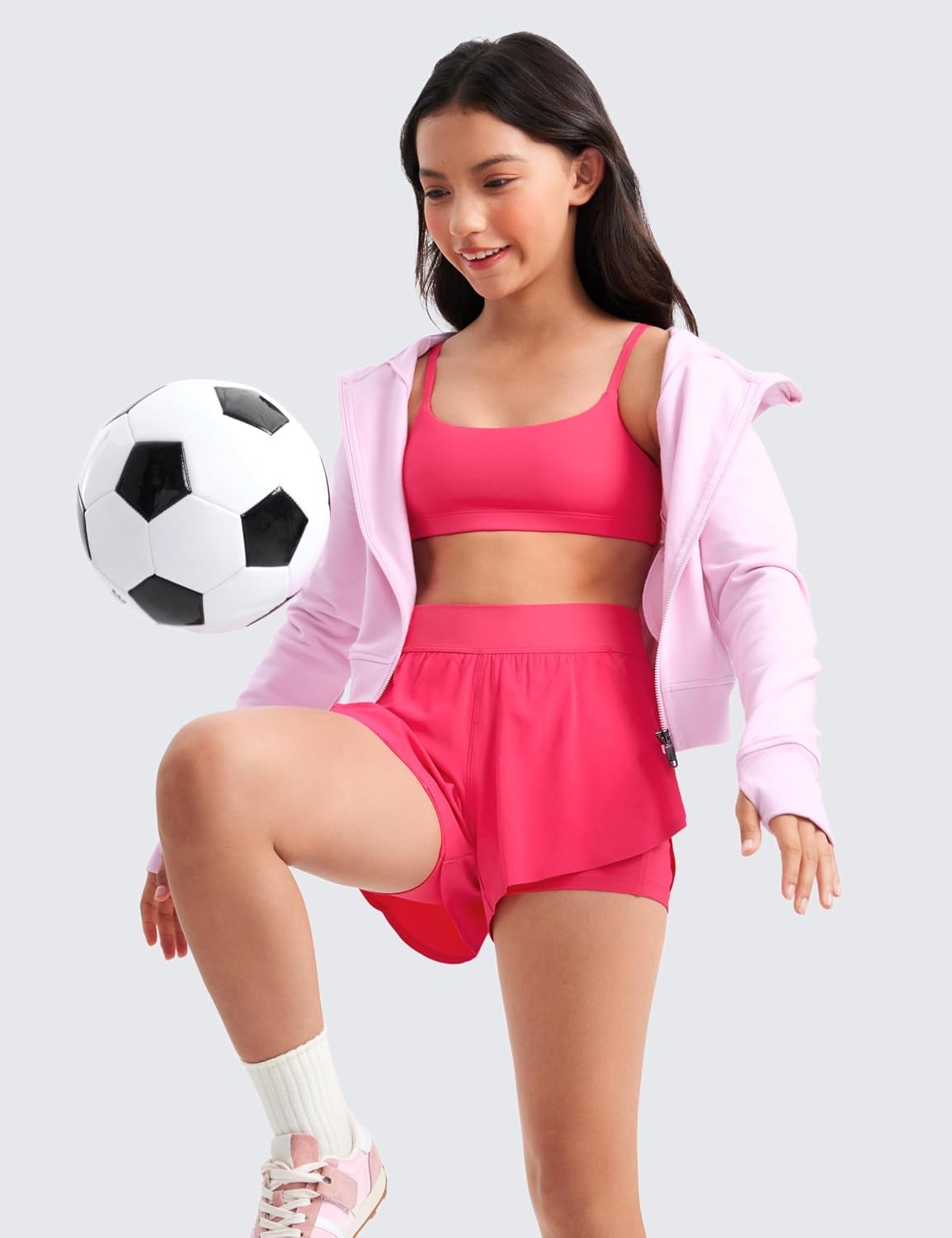 image:imageCRZ YOGA Girls Butterluxe Adjustable Spaghetti Strap Sports Bra Yoga Athletic Casual Scoop Neck Crop Padded Kids TeenLip Gloss Pink