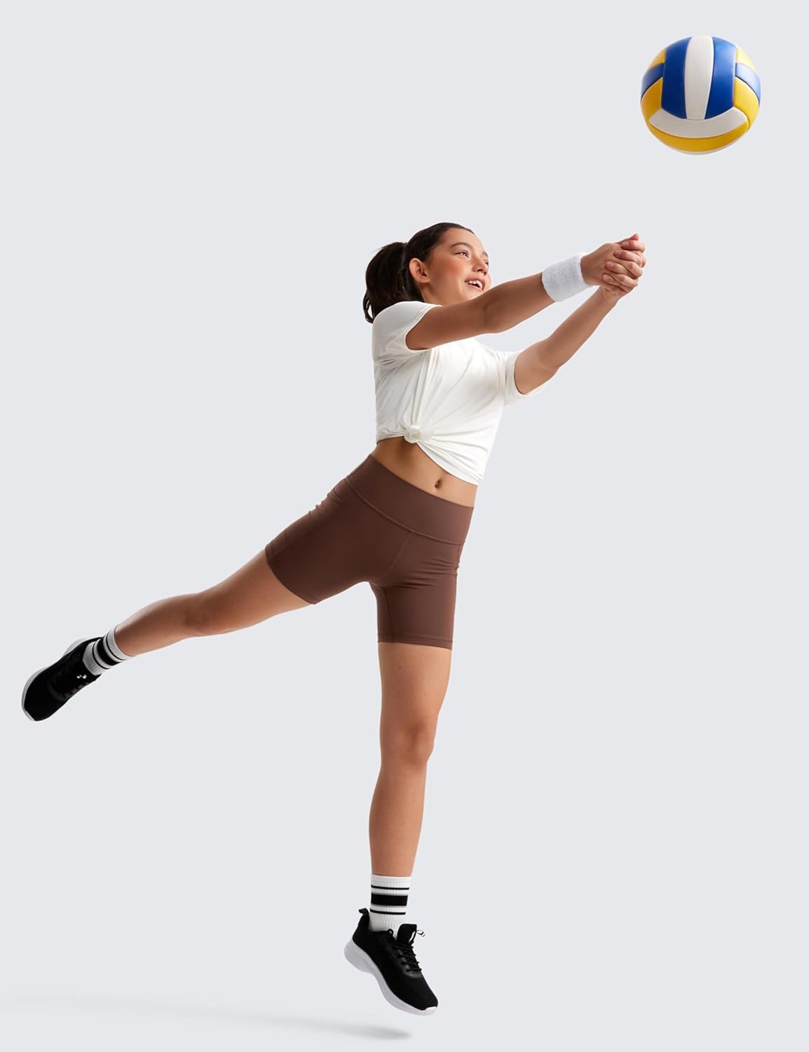 image:imageCRZ YOGA Girls Butterluxe Athletic Biker Shorts with Pockets Dance Yoga Casual High Waist Kids Teen SummerCoffee Brown