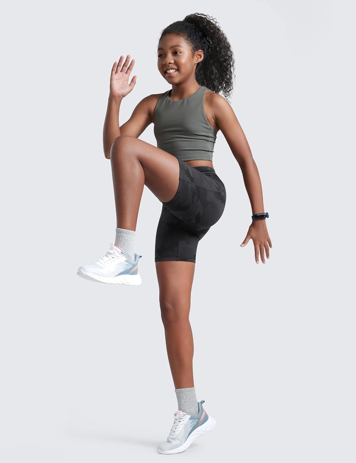 image:imageCRZ YOGA Girls Butterluxe Athletic Biker Shorts with Pockets Dance Yoga Casual High Waist Kids Teen SummerDark Grey Camouflage 2