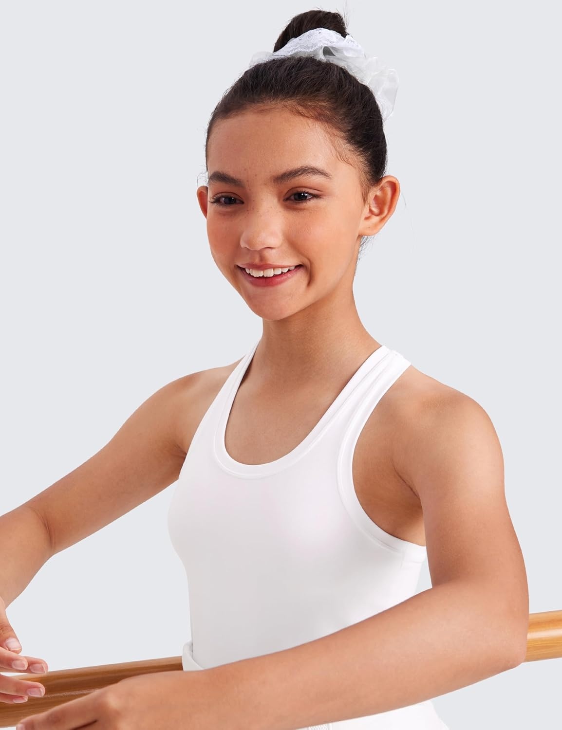 image:imageCRZ YOGA Girls Butterluxe Crew Neck Tank Tops Waist Length Dance Yoga Athletic Casual Racerback Tight Kids TeenWhite