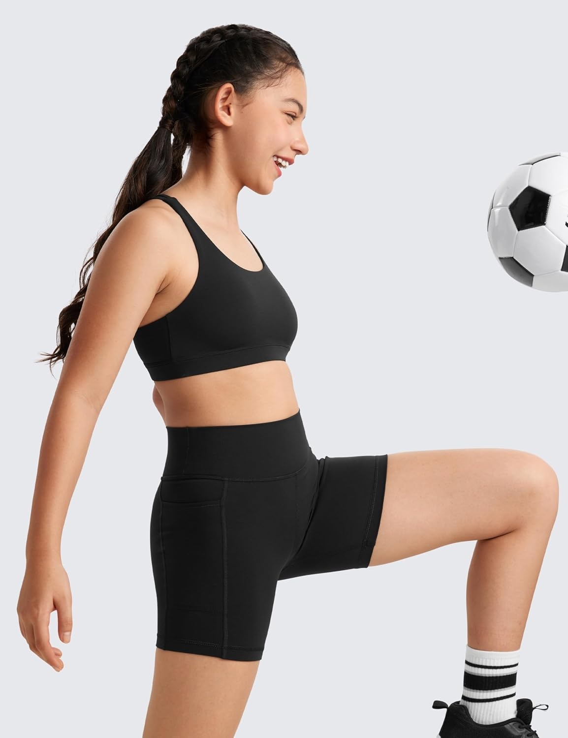 image:imageCRZ YOGA Girls Butterluxe Cross Back Sports Bra Yoga Athletic Casual Tops Scoop Neck Padded Crop Kids TeenBlack