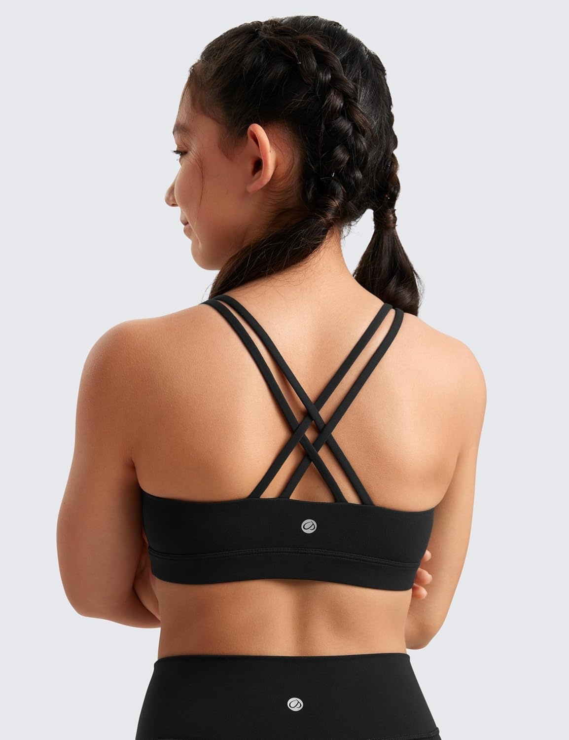 image:imageCRZ YOGA Girls Butterluxe Cross Back Sports Bra Yoga Athletic Casual Tops Scoop Neck Padded Crop Kids TeenBlack