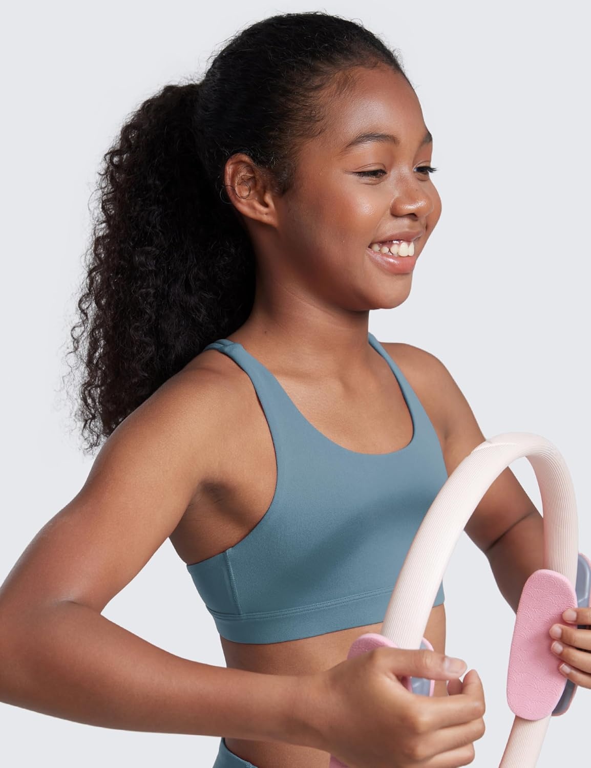 image:imageCRZ YOGA Girls Butterluxe Cross Back Sports Bra Yoga Athletic Casual Tops Scoop Neck Padded Crop Kids TeenBlue Ashes