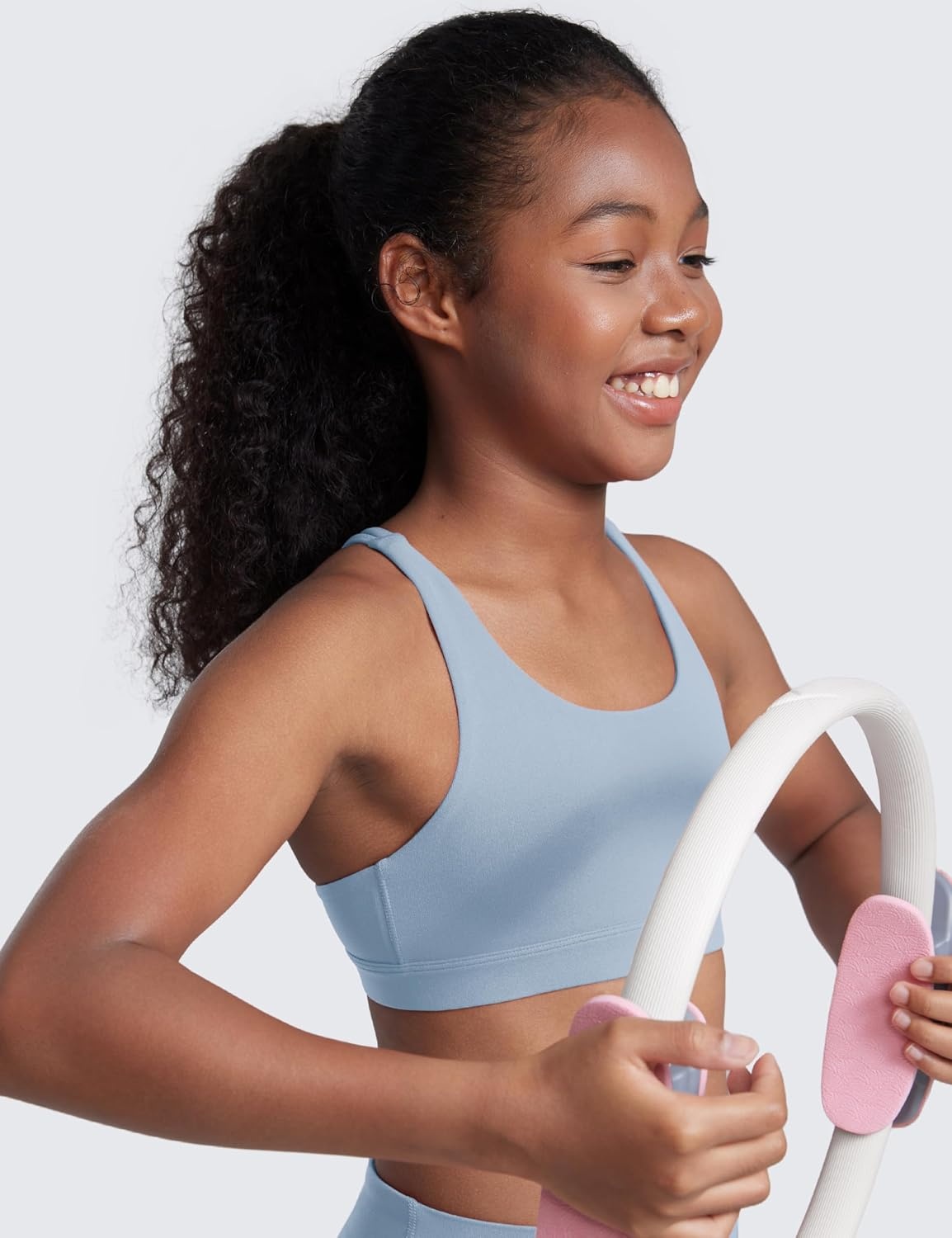image:imageCRZ YOGA Girls Butterluxe Cross Back Sports Bra Yoga Athletic Casual Tops Scoop Neck Padded Crop Kids TeenCambric Blue