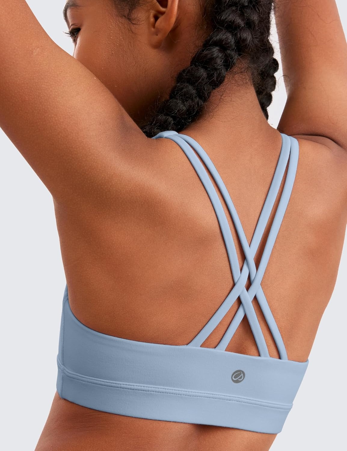 image:imageCRZ YOGA Girls Butterluxe Cross Back Sports Bra Yoga Athletic Casual Tops Scoop Neck Padded Crop Kids TeenCambric Blue