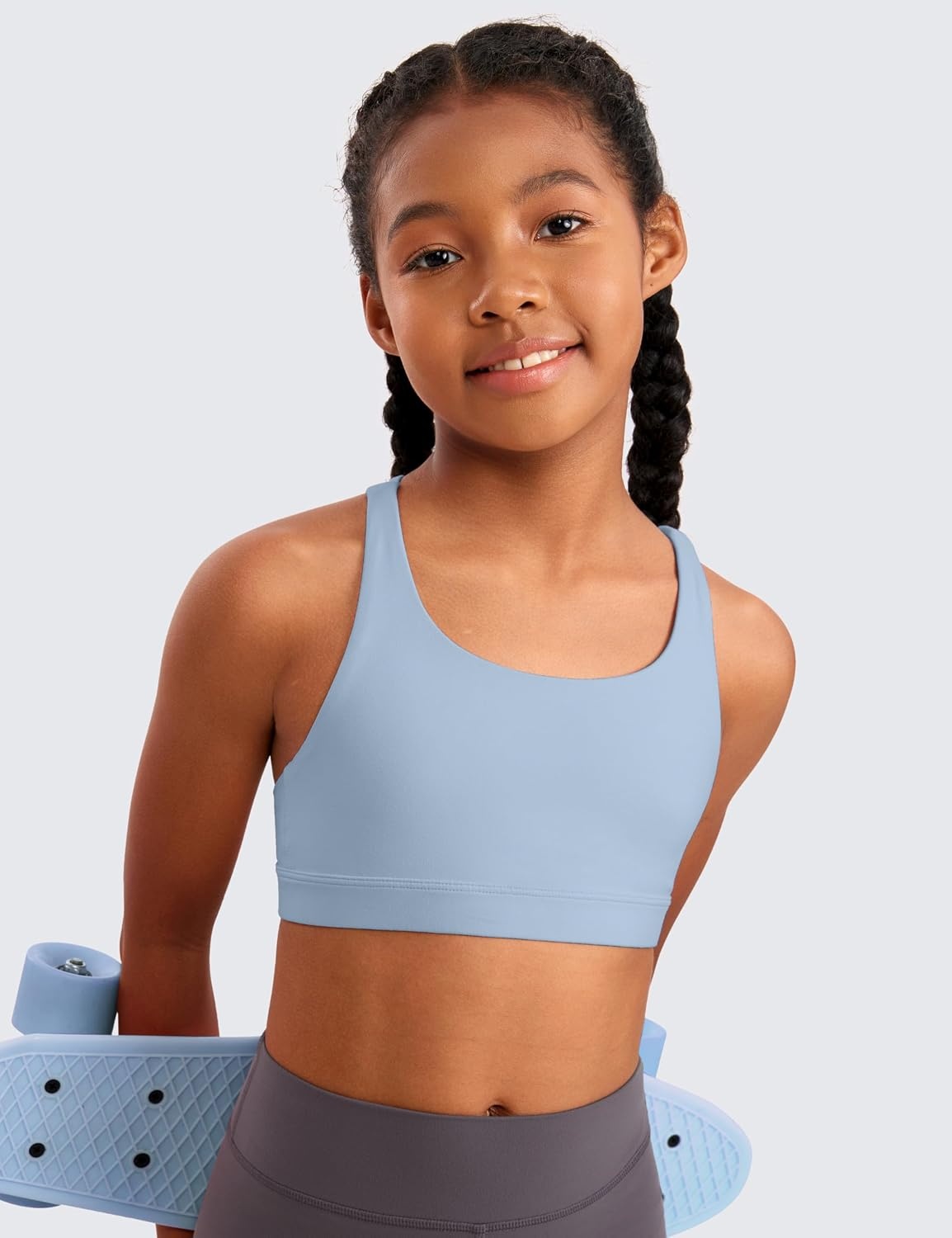 image:imageCRZ YOGA Girls Butterluxe Cross Back Sports Bra Yoga Athletic Casual Tops Scoop Neck Padded Crop Kids TeenCambric Blue