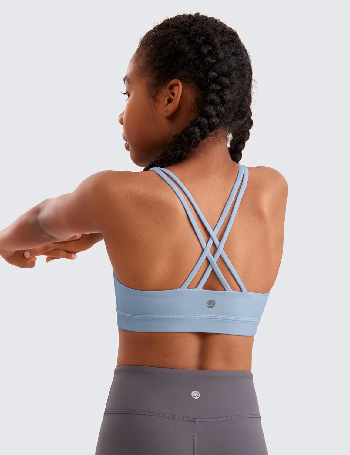 image:imageCRZ YOGA Girls Butterluxe Cross Back Sports Bra Yoga Athletic Casual Tops Scoop Neck Padded Crop Kids TeenCambric Blue