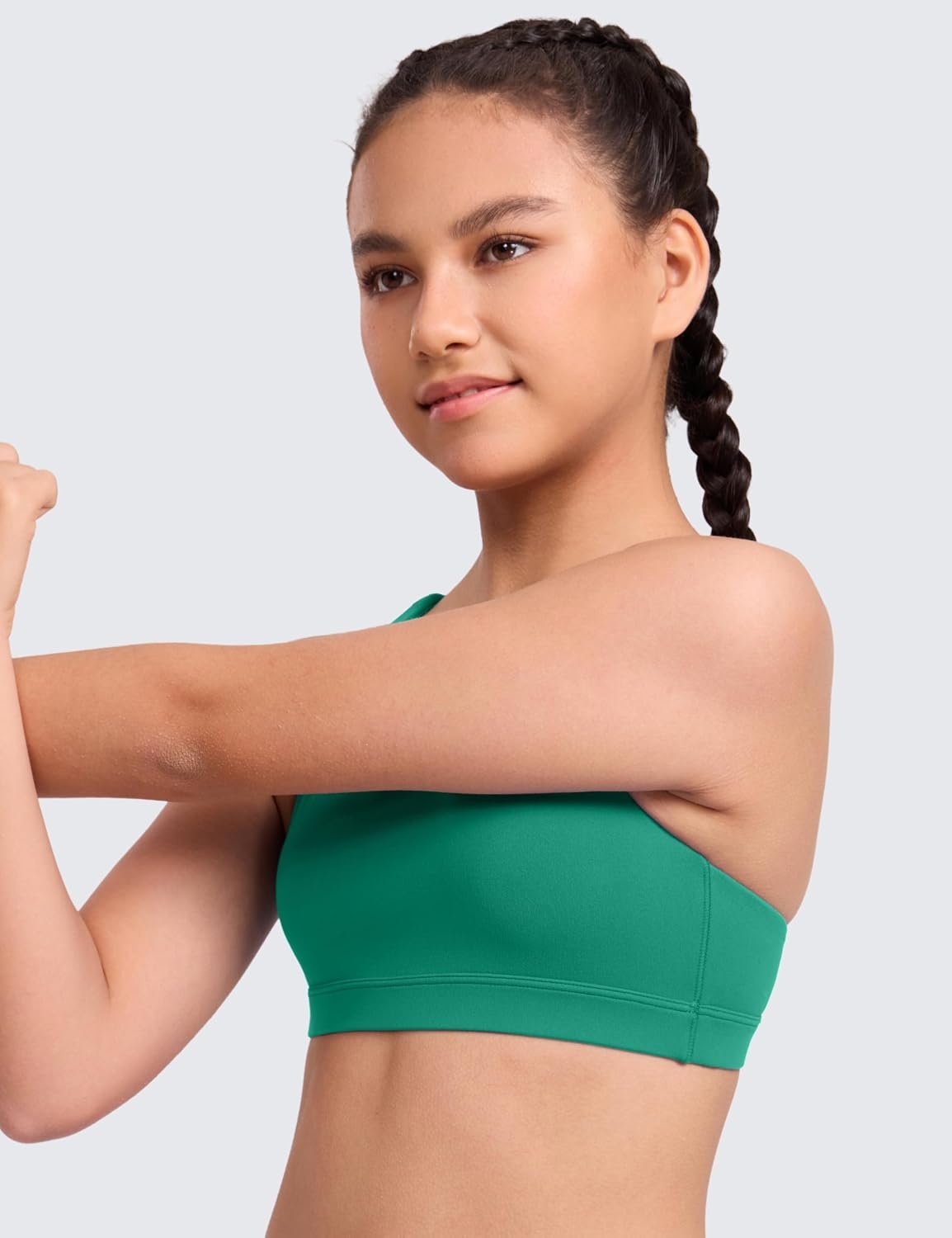 image:imageCRZ YOGA Girls Butterluxe Cross Back Sports Bra Yoga Athletic Casual Tops Scoop Neck Padded Crop Kids TeenCascadia Green