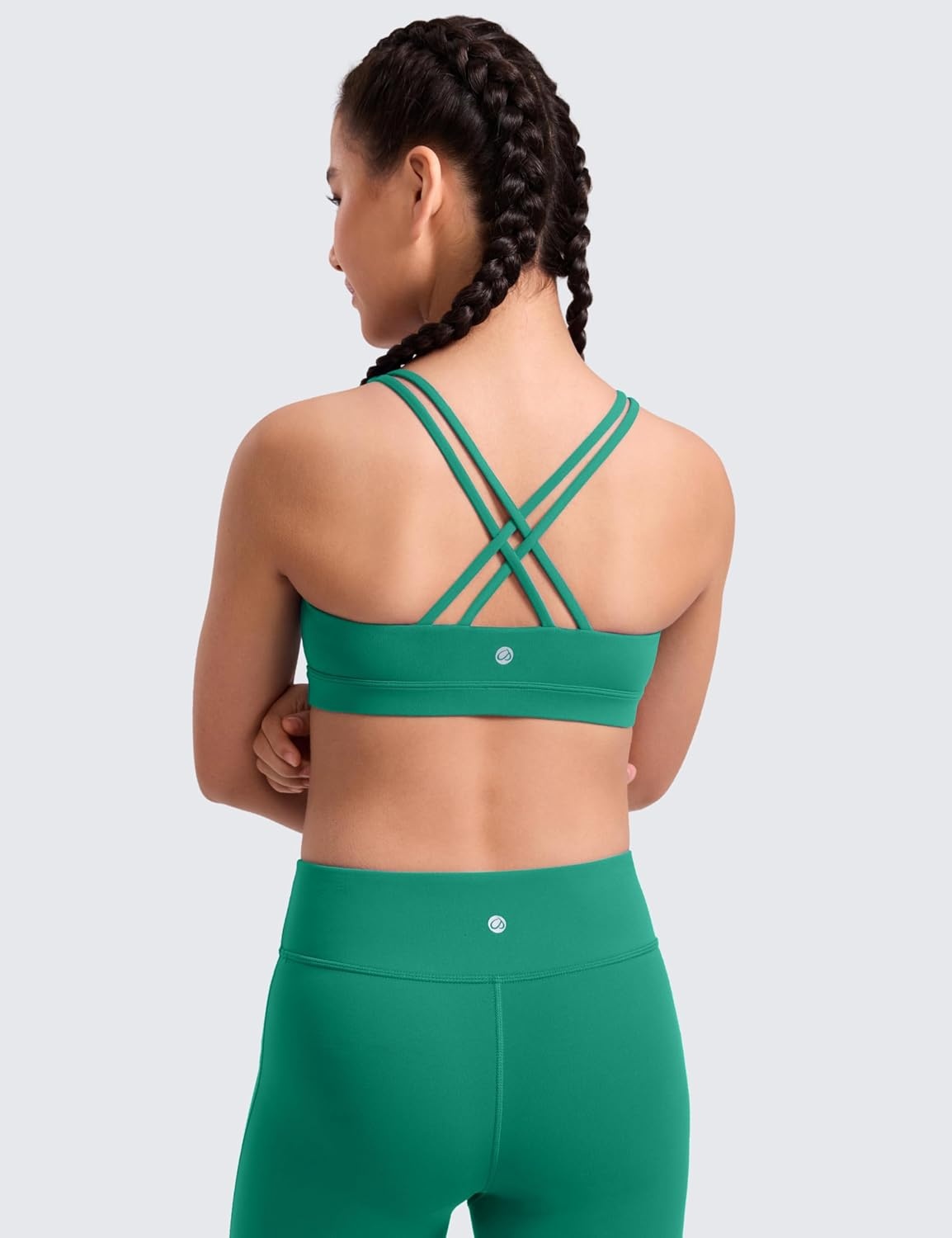 image:imageCRZ YOGA Girls Butterluxe Cross Back Sports Bra Yoga Athletic Casual Tops Scoop Neck Padded Crop Kids TeenCascadia Green
