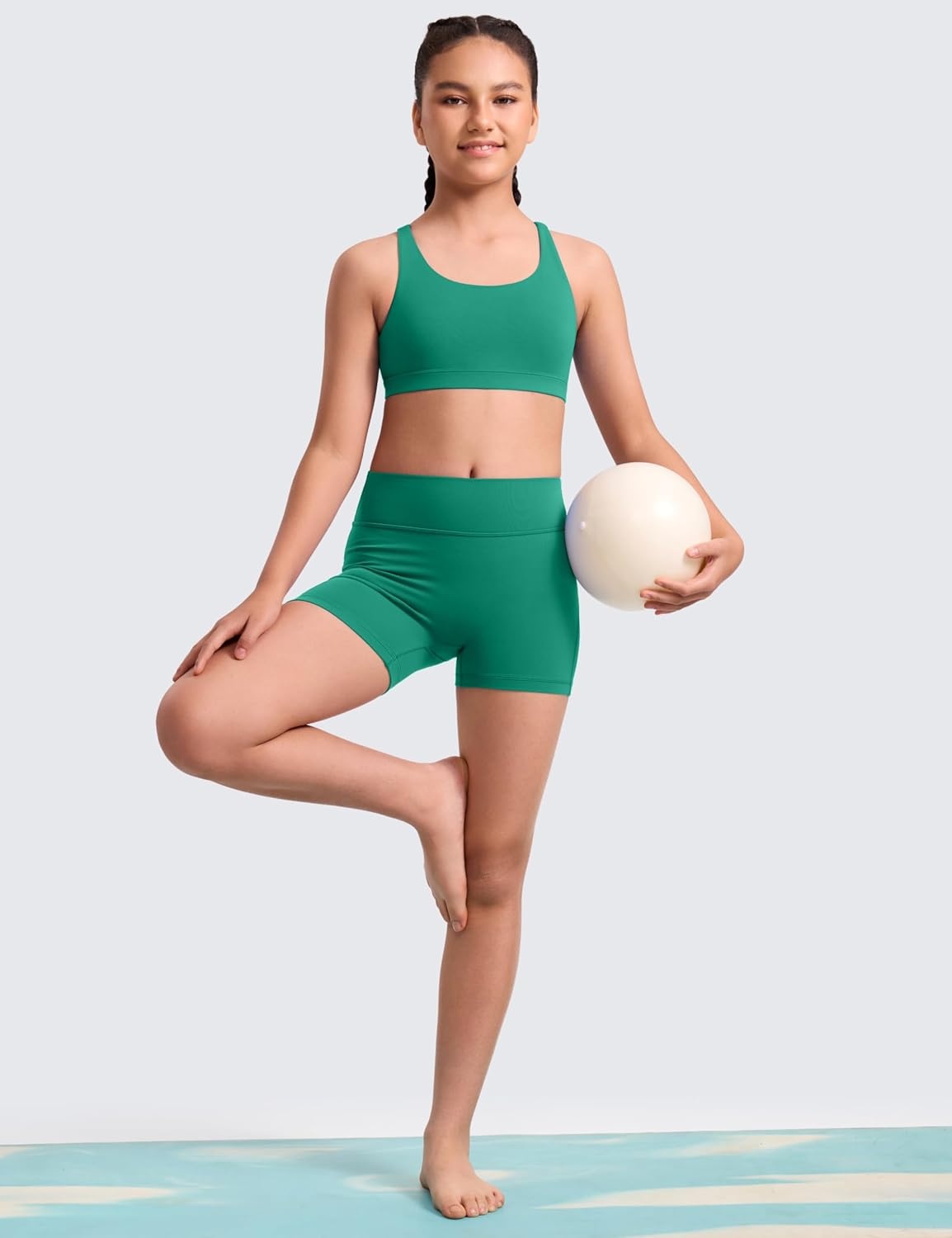 image:imageCRZ YOGA Girls Butterluxe Cross Back Sports Bra Yoga Athletic Casual Tops Scoop Neck Padded Crop Kids TeenCascadia Green