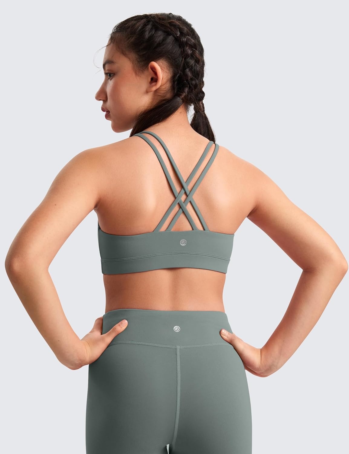 image:imageCRZ YOGA Girls Butterluxe Cross Back Sports Bra Yoga Athletic Casual Tops Scoop Neck Padded Crop Kids TeenGrey Sage
