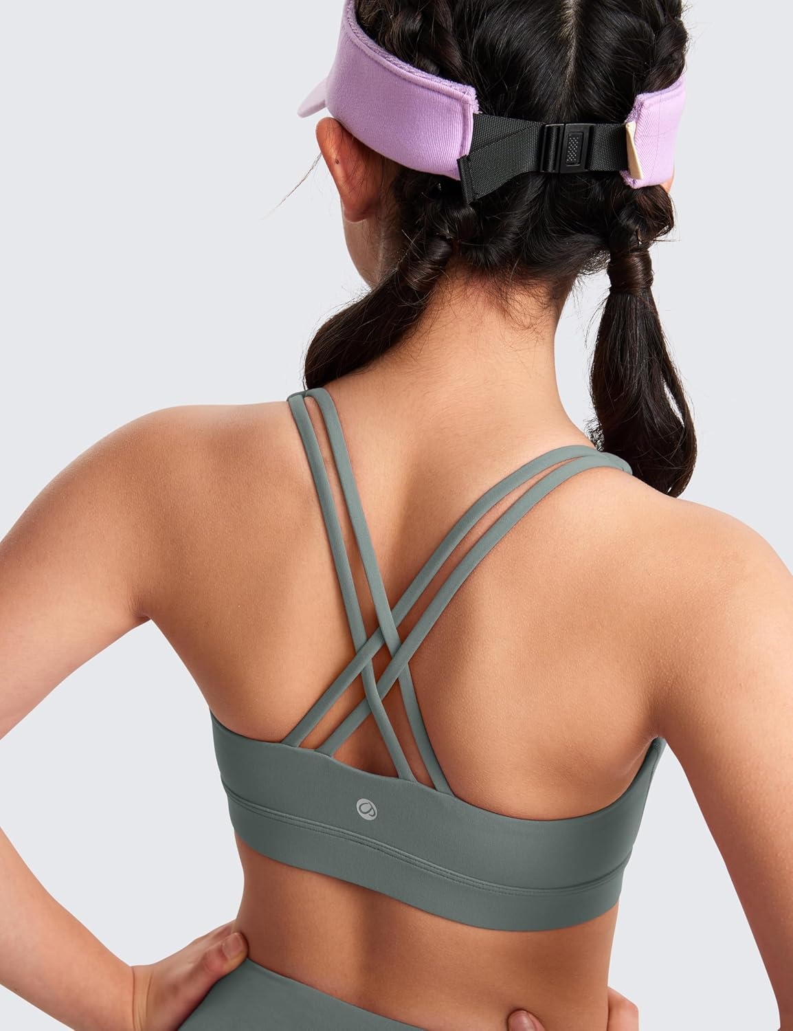 image:imageCRZ YOGA Girls Butterluxe Cross Back Sports Bra Yoga Athletic Casual Tops Scoop Neck Padded Crop Kids TeenGrey Sage