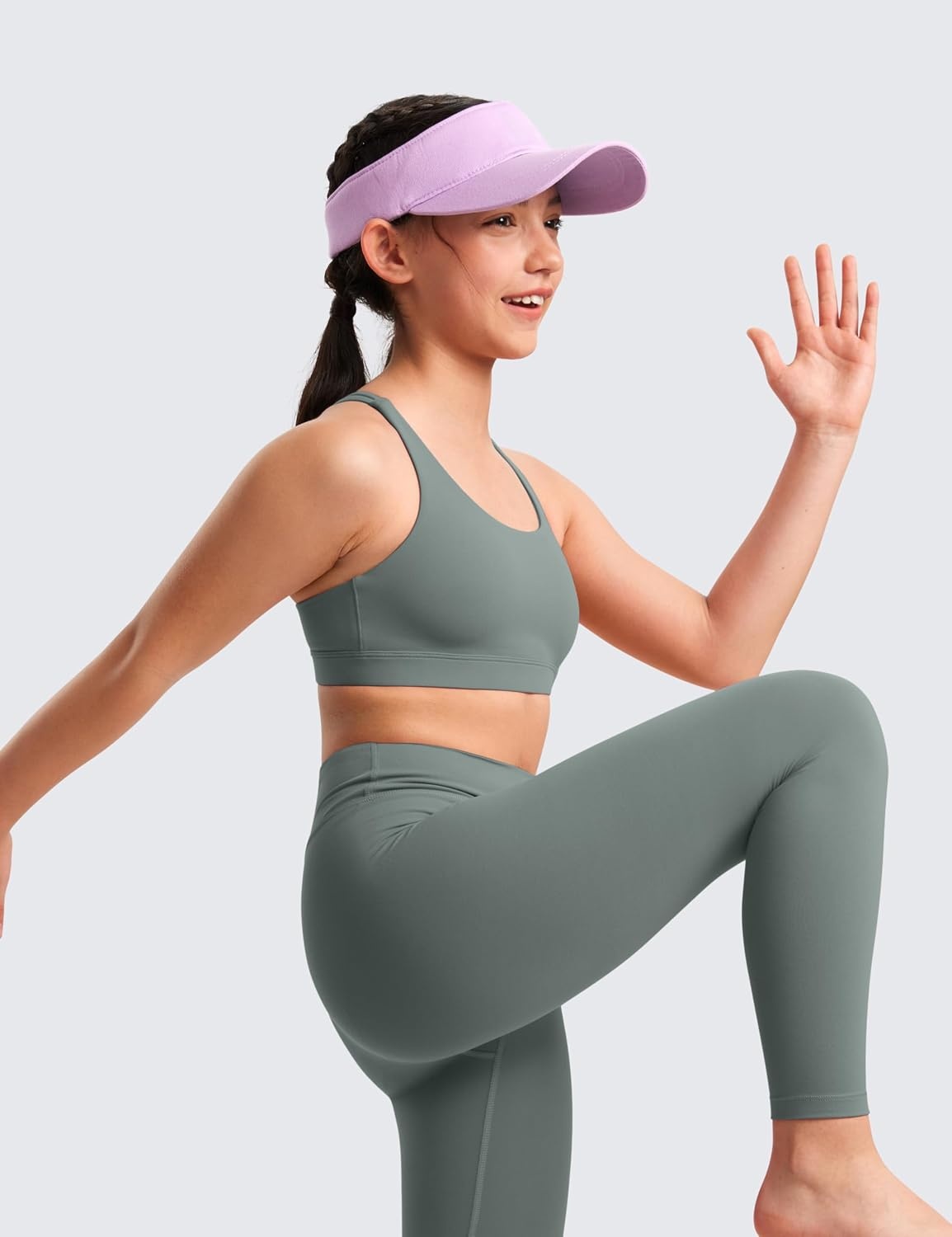 image:imageCRZ YOGA Girls Butterluxe Cross Back Sports Bra Yoga Athletic Casual Tops Scoop Neck Padded Crop Kids TeenGrey Sage