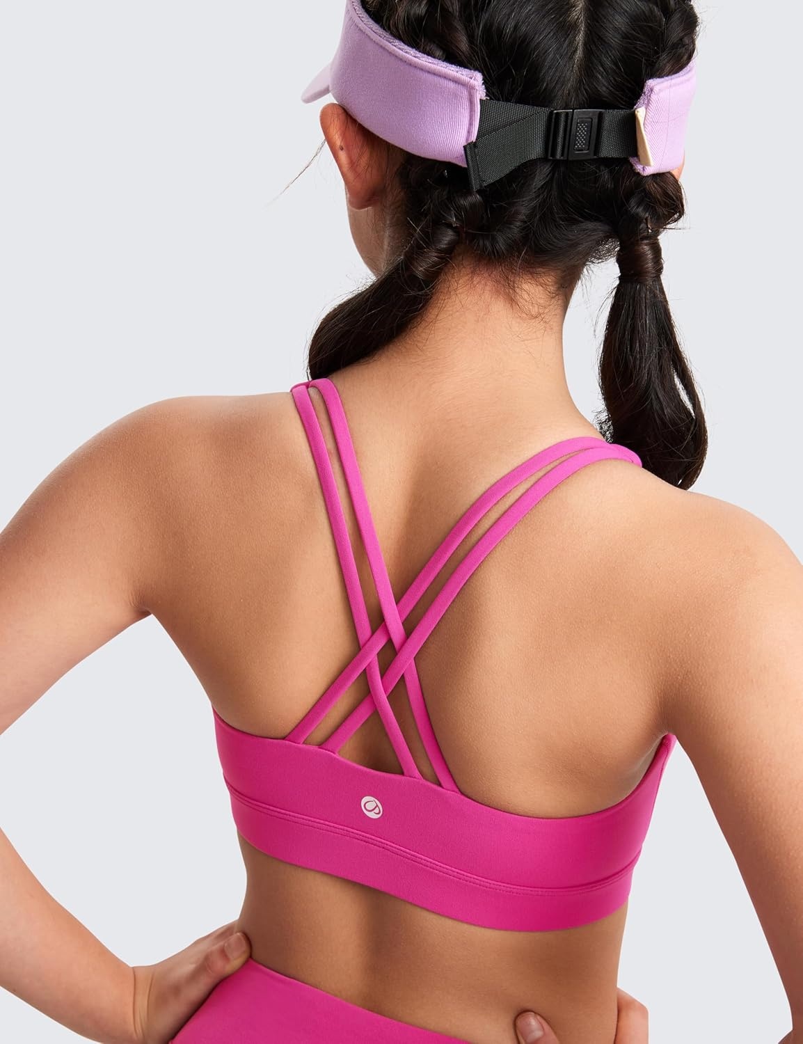 image:imageCRZ YOGA Girls Butterluxe Cross Back Sports Bra Yoga Athletic Casual Tops Scoop Neck Padded Crop Kids TeenHibiscus Purple