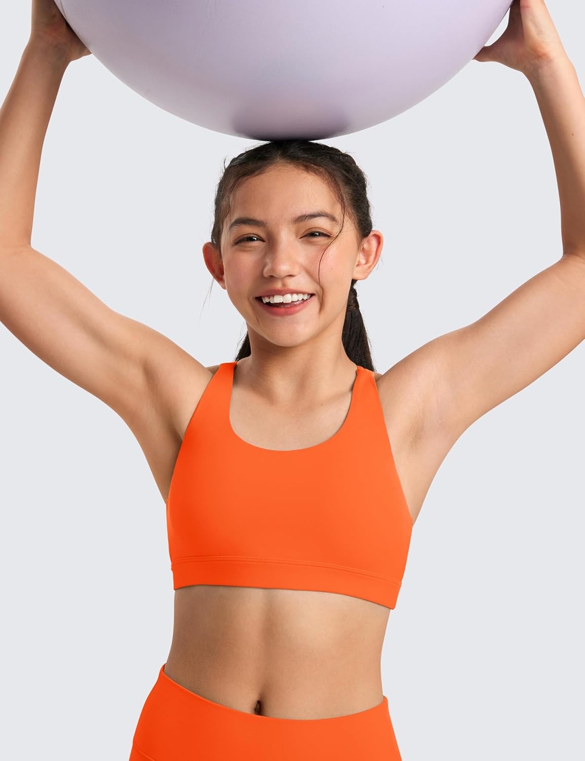 image:imageCRZ YOGA Girls Butterluxe Cross Back Sports Bra Yoga Athletic Casual Tops Scoop Neck Padded Crop Kids TeenNeon Orange