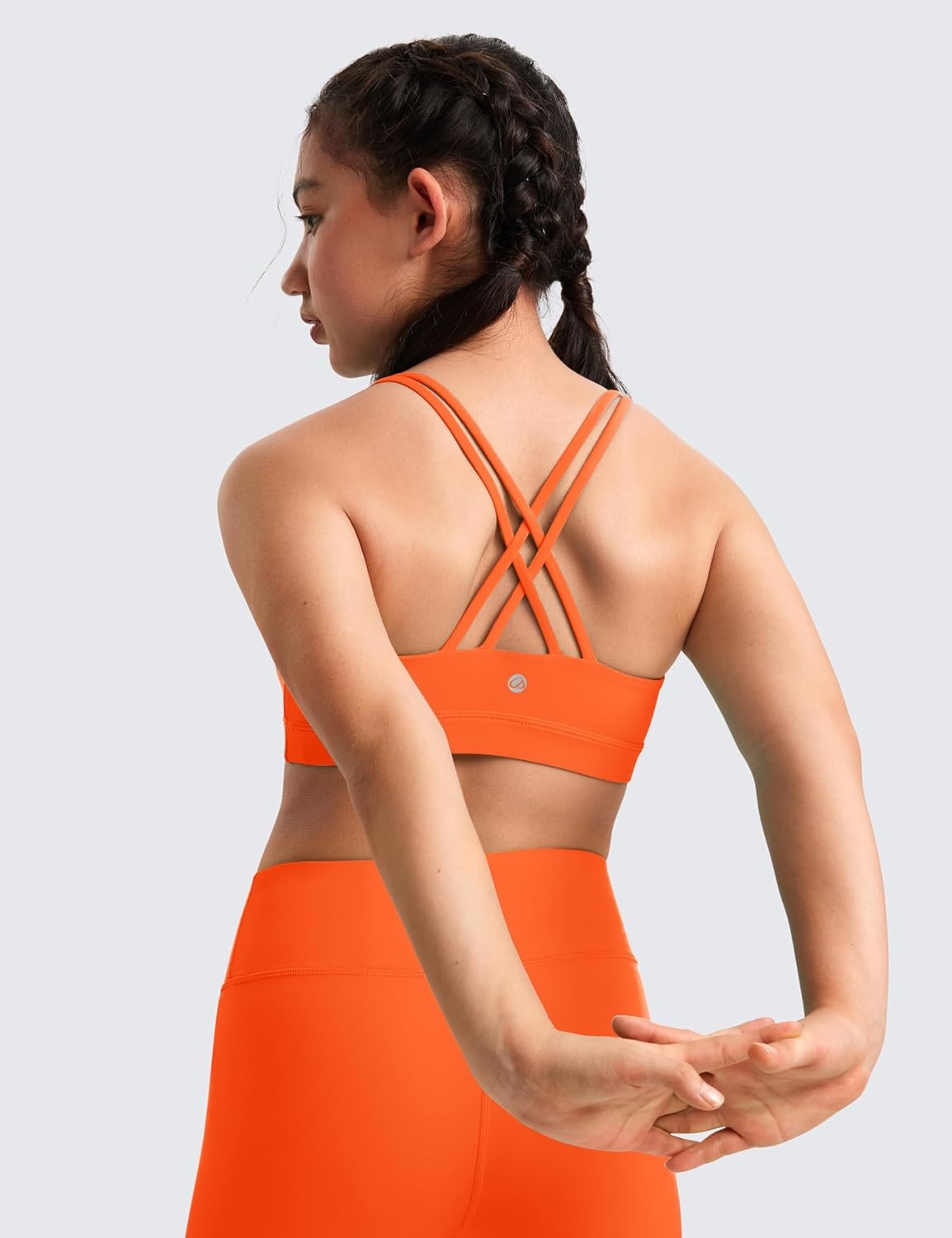 image:imageCRZ YOGA Girls Butterluxe Cross Back Sports Bra Yoga Athletic Casual Tops Scoop Neck Padded Crop Kids TeenNeon Orange