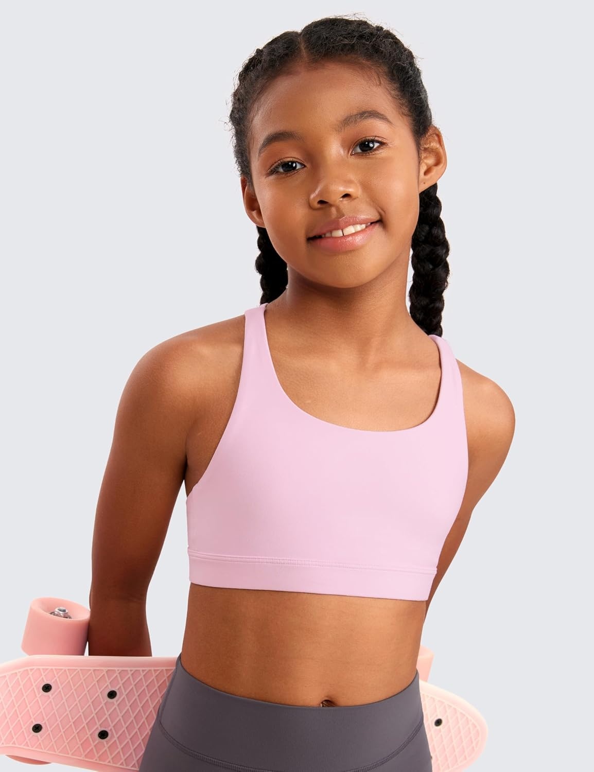 image:imageCRZ YOGA Girls Butterluxe Cross Back Sports Bra Yoga Athletic Casual Tops Scoop Neck Padded Crop Kids TeenPink Peony