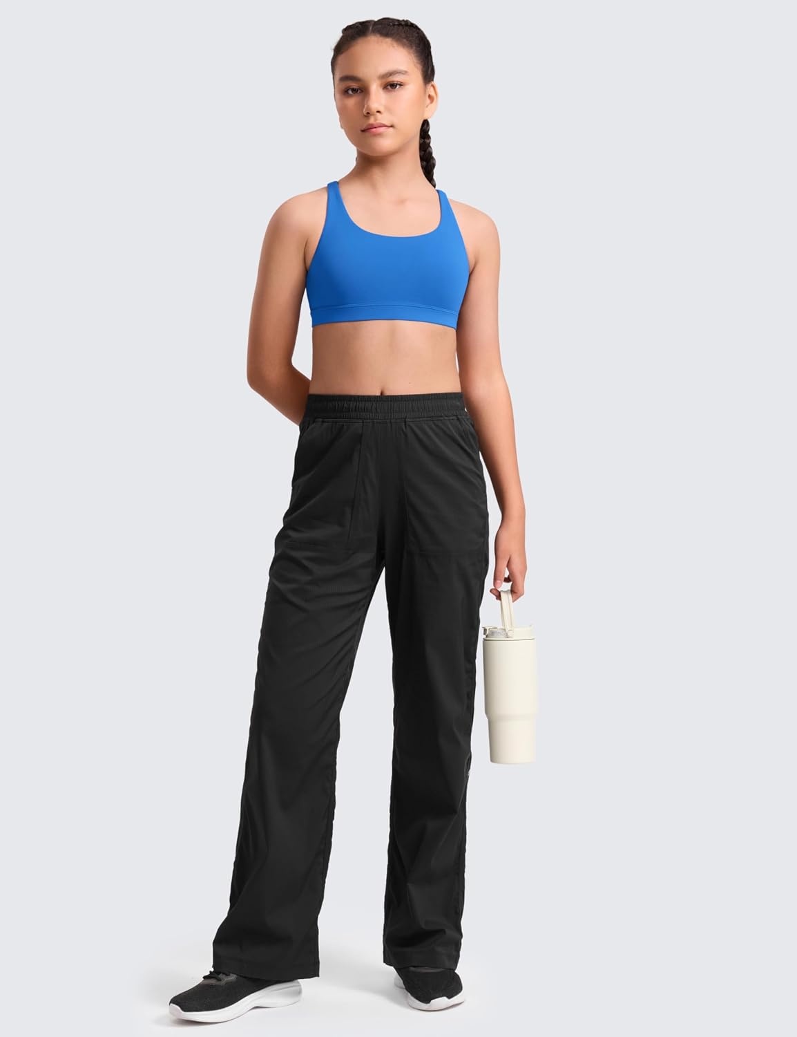 image:imageCRZ YOGA Girls Butterluxe Cross Back Sports Bra Yoga Athletic Casual Tops Scoop Neck Padded Crop Kids TeenSparkle Blue