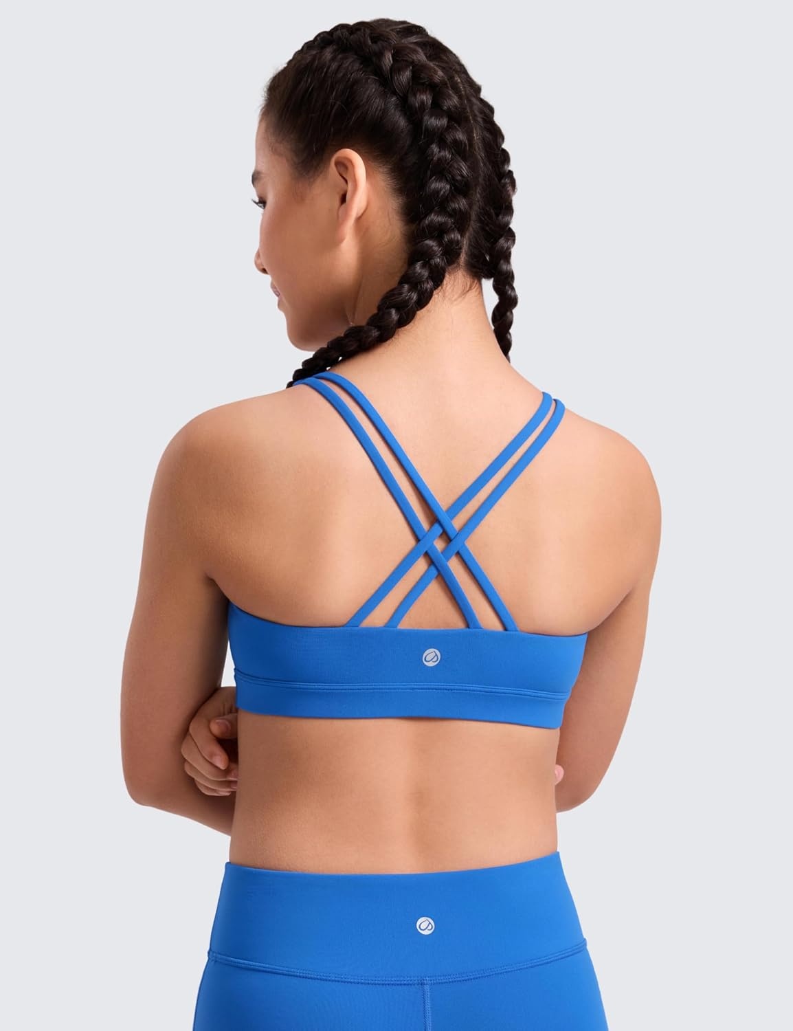 image:imageCRZ YOGA Girls Butterluxe Cross Back Sports Bra Yoga Athletic Casual Tops Scoop Neck Padded Crop Kids TeenSparkle Blue