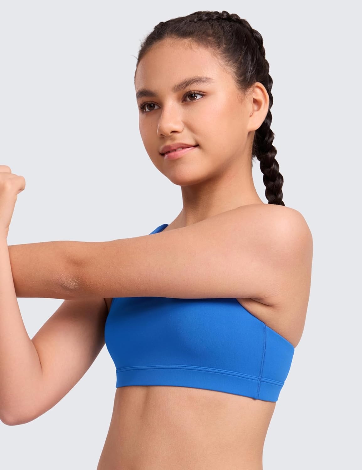 image:imageCRZ YOGA Girls Butterluxe Cross Back Sports Bra Yoga Athletic Casual Tops Scoop Neck Padded Crop Kids TeenSparkle Blue