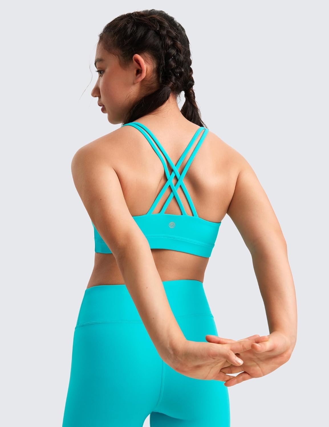 image:imageCRZ YOGA Girls Butterluxe Cross Back Sports Bra Yoga Athletic Casual Tops Scoop Neck Padded Crop Kids TeenSpectral Blue