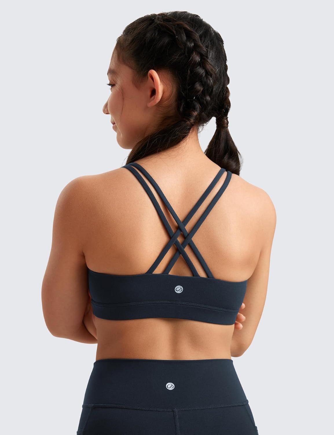 image:imageCRZ YOGA Girls Butterluxe Cross Back Sports Bra Yoga Athletic Casual Tops Scoop Neck Padded Crop Kids TeenTrue Navy