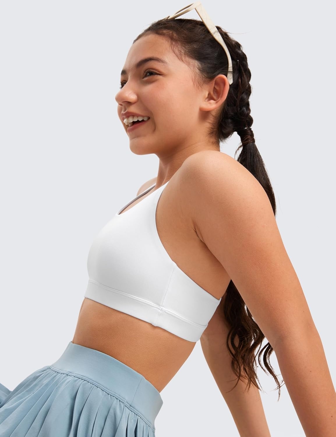 image:imageCRZ YOGA Girls Butterluxe Cross Back Sports Bra Yoga Athletic Casual Tops Scoop Neck Padded Crop Kids TeenWhite
