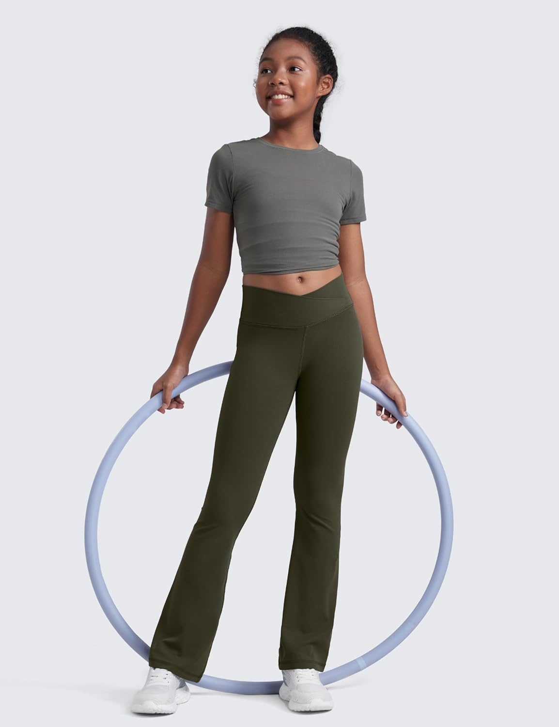image:imageCRZ YOGA Girls Butterluxe Crossover Waist Yoga Flare Leggings Dance Casual Athletic Pants Bell Bottoms Kids TeenOlive Green