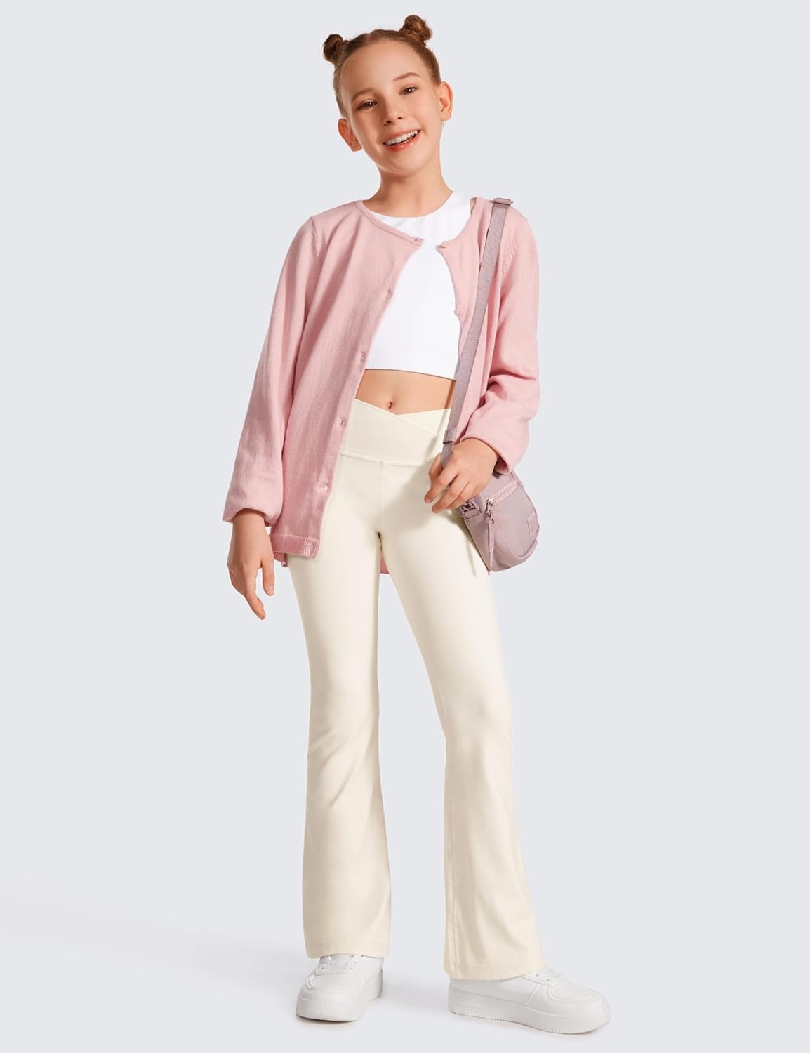 image:imageCRZ YOGA Girls Butterluxe Crossover Waist Yoga Flare Leggings Dance Casual Athletic Pants Bell Bottoms Kids TeenWhite Apricot